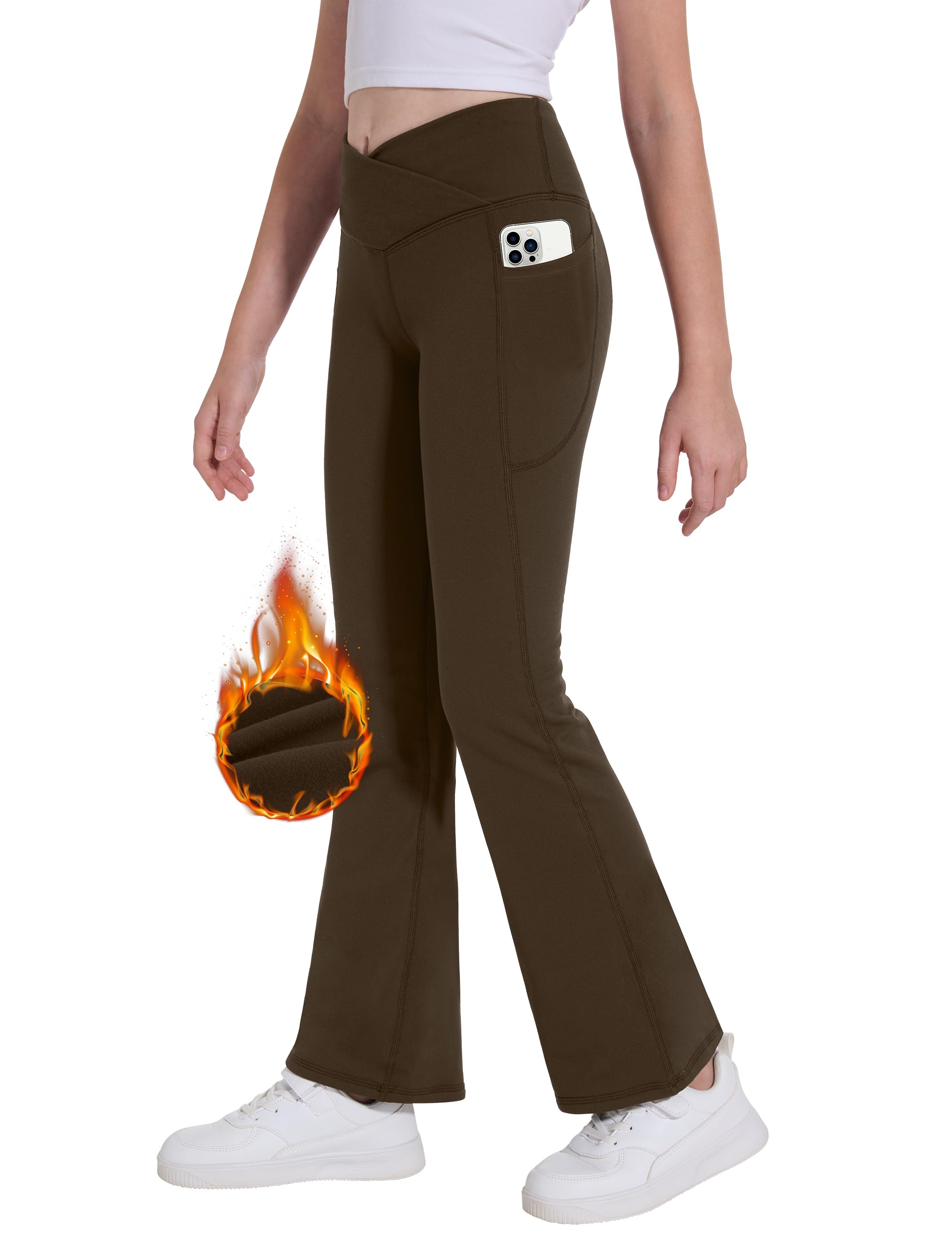 Desol Girl's Fleece Lined Flare Leggings with Pockets Crossover High Waisted Dance Bootcut Yoga Pants for Winter