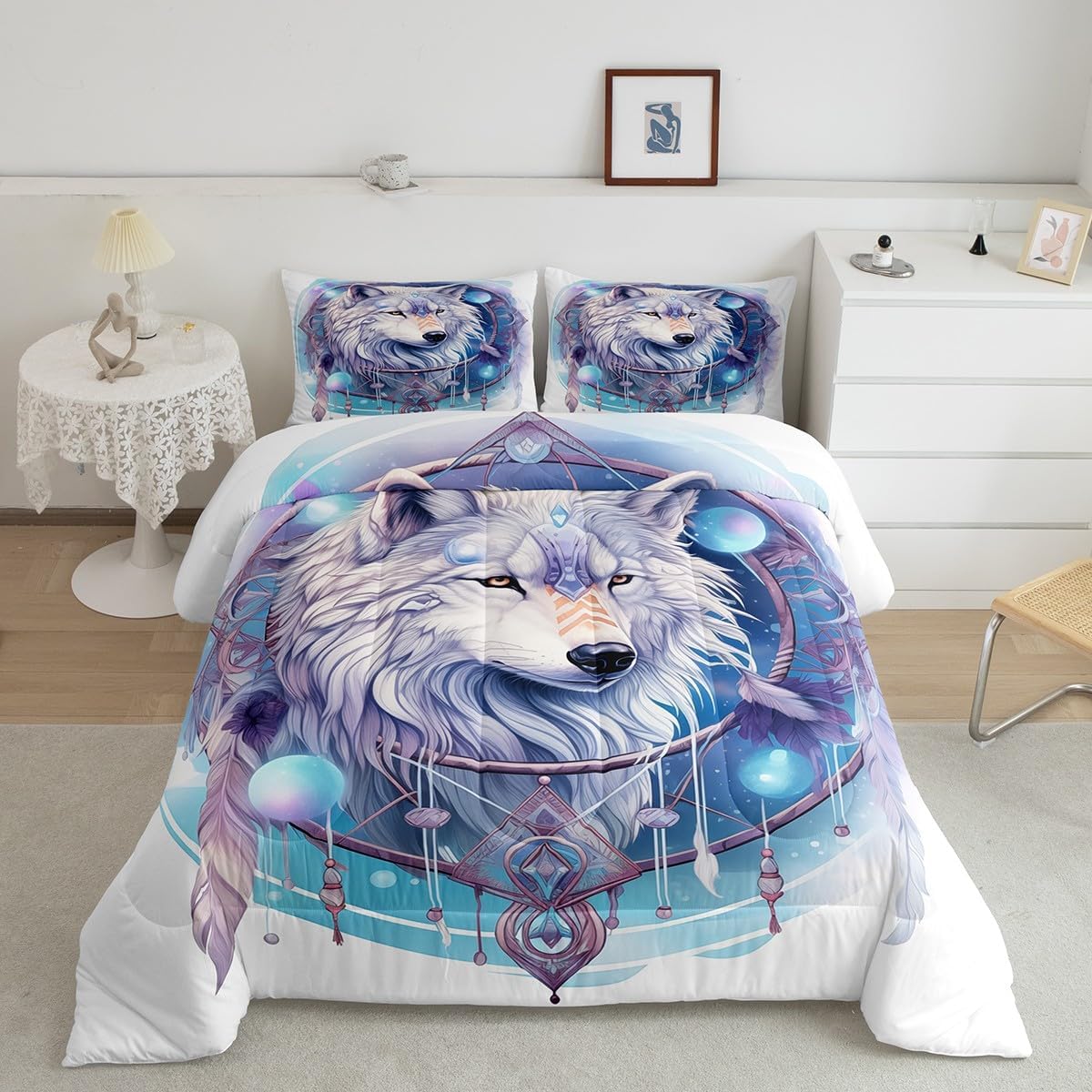 Dreamcatcher Wolf Comforter Queen Boho Chic Feather Comforter Set With Sheets White Wolf Comforter Set Bed In A Bag(1 Comforter, 1 Flat Sheet 1 Fitted Sheet 2 Pillowcases And 2 Throw Pillow Covers)
