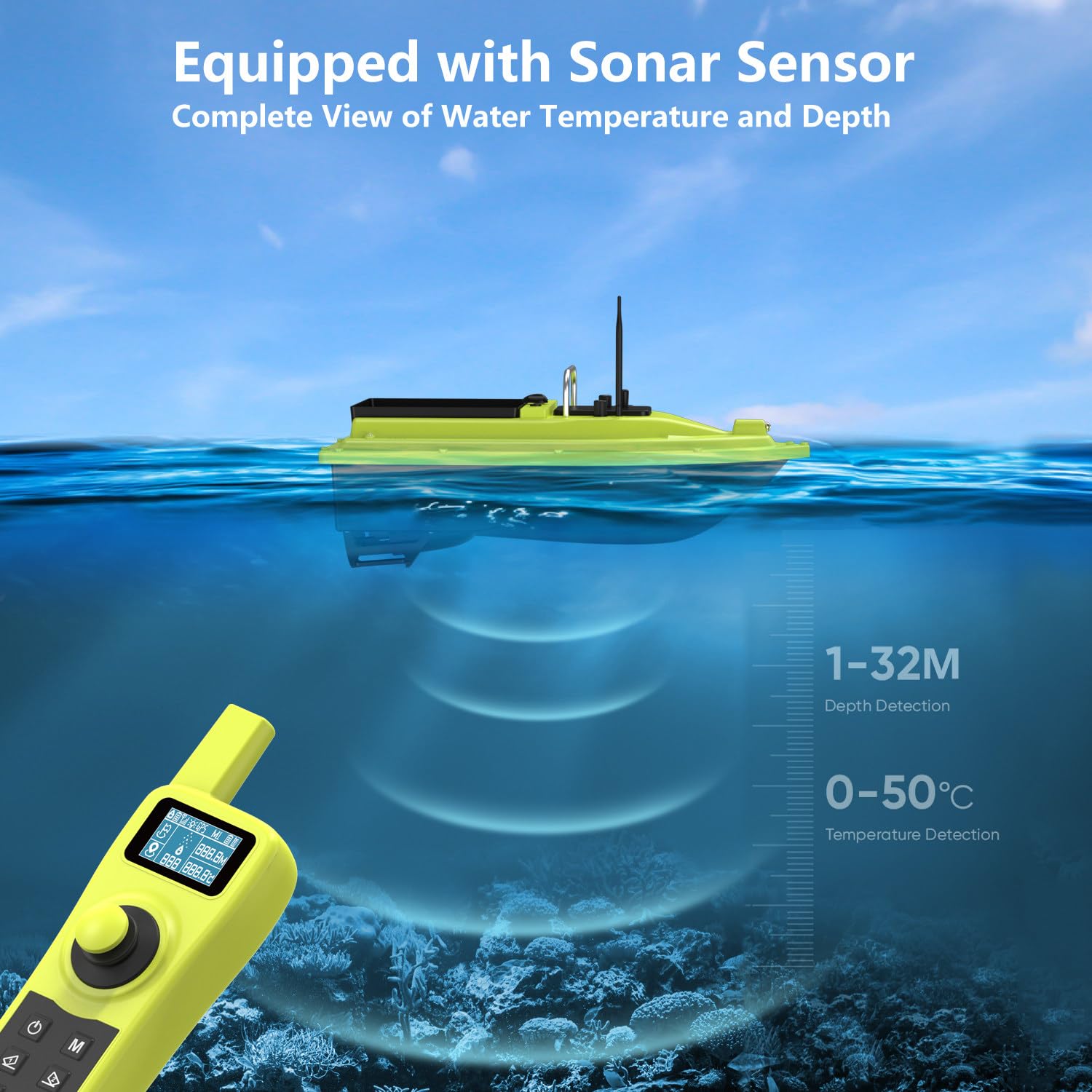 Barco de Pesca con Cebo Inteligente con posicionamiento GPS, Que Mide la Temperatura y la Profundidad del Agua, Retorno automático, Control Remoto de 500 m, Carga de 25 kg.