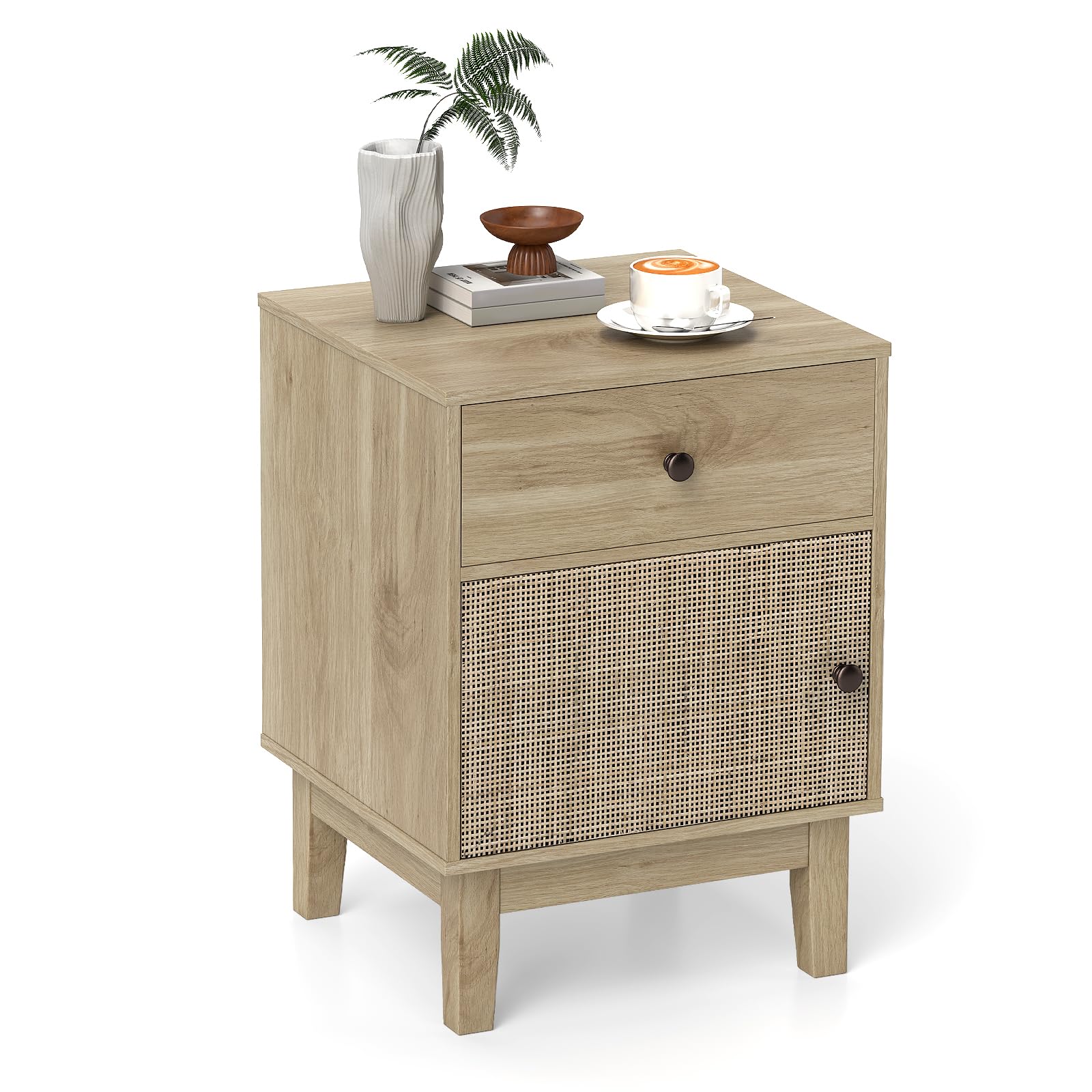 GIANTEX Table de Chevet Bohème, 1 Tiroir et 1 Porte Cannage, Table de Nuit en Rotin, Pied Antidérapant, Kit Anti-Basculement, 40 x 39 x 55 cm, Chevet de Lit Bois pour Chambre, Salon(Naturel)