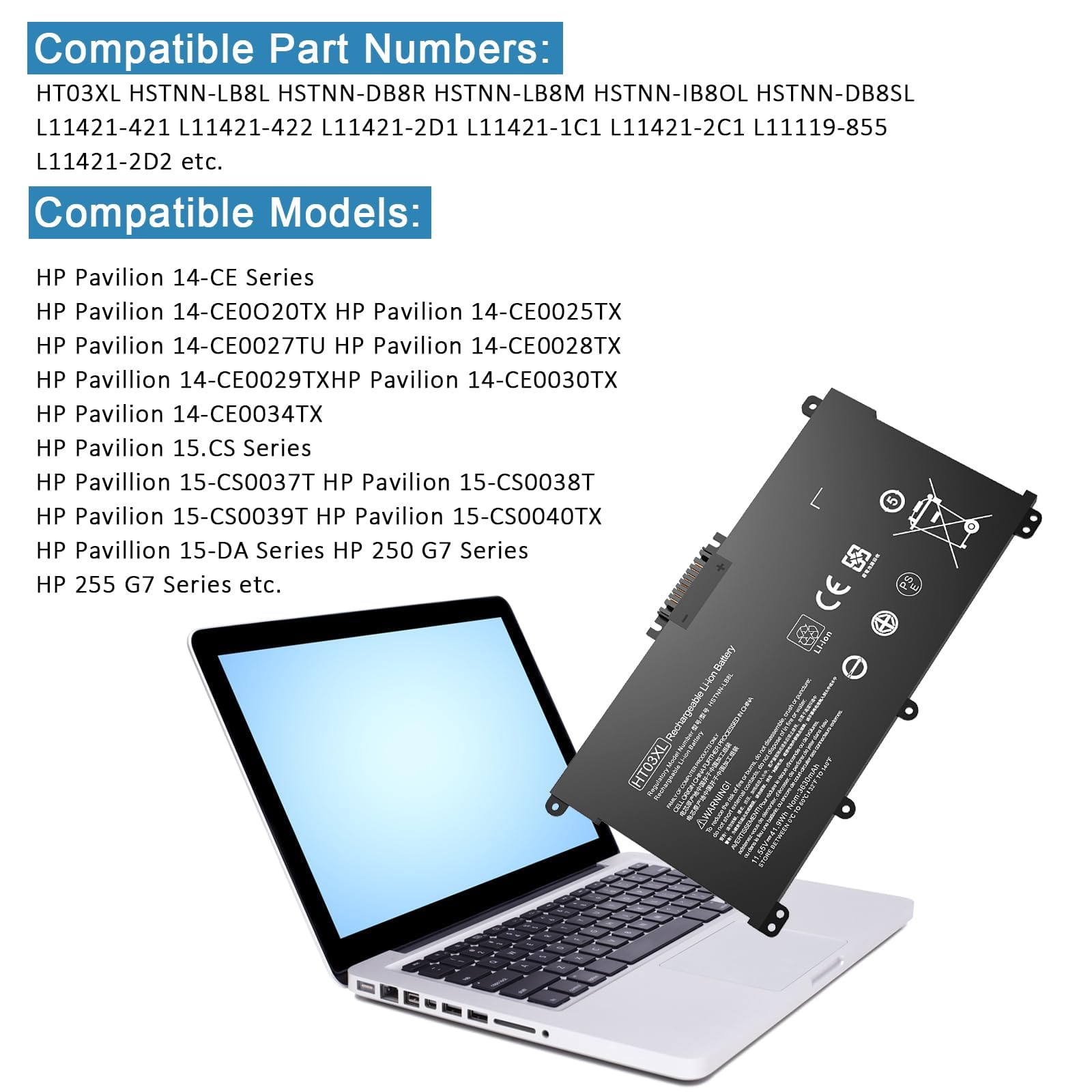 HT03XL L11119-855 Batteria per laptop HP Pavilion 14-CE 14-CF 14-CK 14-CM 14-DH 14-DK 14-DF 14-MA 14Q-CS 14Q-CY 15-CS 15-DQ 15-DA 15-DB 15-CW 17-BY 17-CA HP 240 245 250 255 G7 340 348 G5
