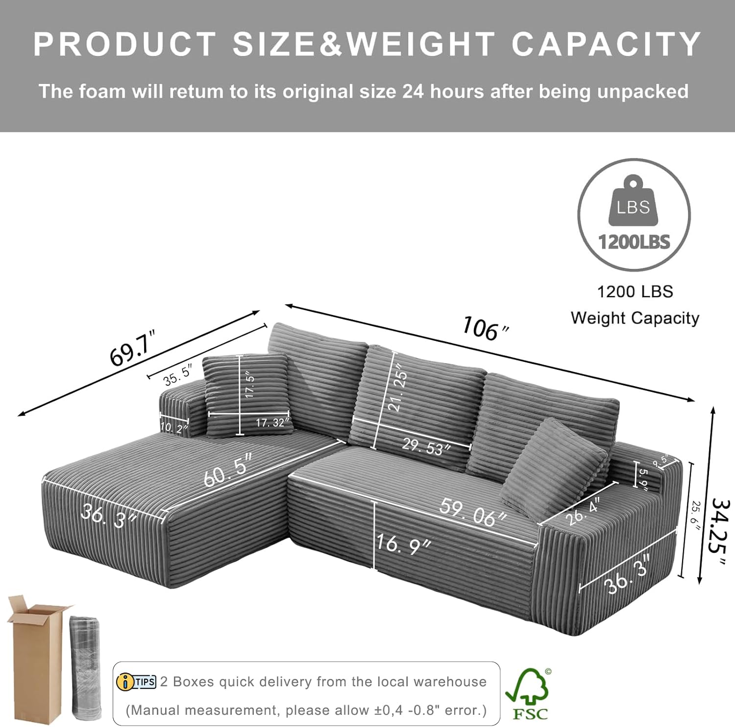 MEISIMAN 106'' L Shaped Couch, Deep Seat Sofa Cloud Couch with Chaise & Pillows, Modular Sectional Sofa - Cloud Sectional Couches for Living Room and Bedroom, No Assembly Required, Grey