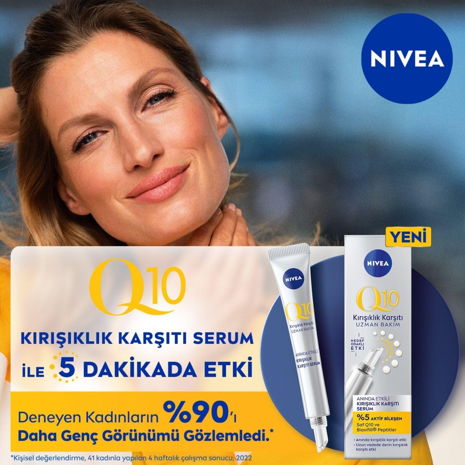 NIVEA Q10 Anında Etkili Kırışıklık Karşıtı Serum 15 ml,%5 Aktif Bileşen, Saf Q10 ve Petitler İçeren Cilt Serumu, 5 Dakikada Etki