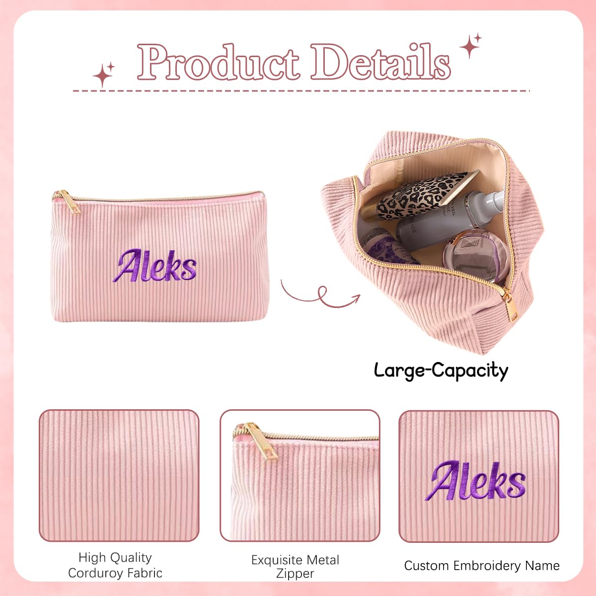 VRFASHION Custom Makeup Bag with Embroidered Name,Personalized Corduroy Cute Cosmetic Bags, Birthday Gift for Women ?Pink?