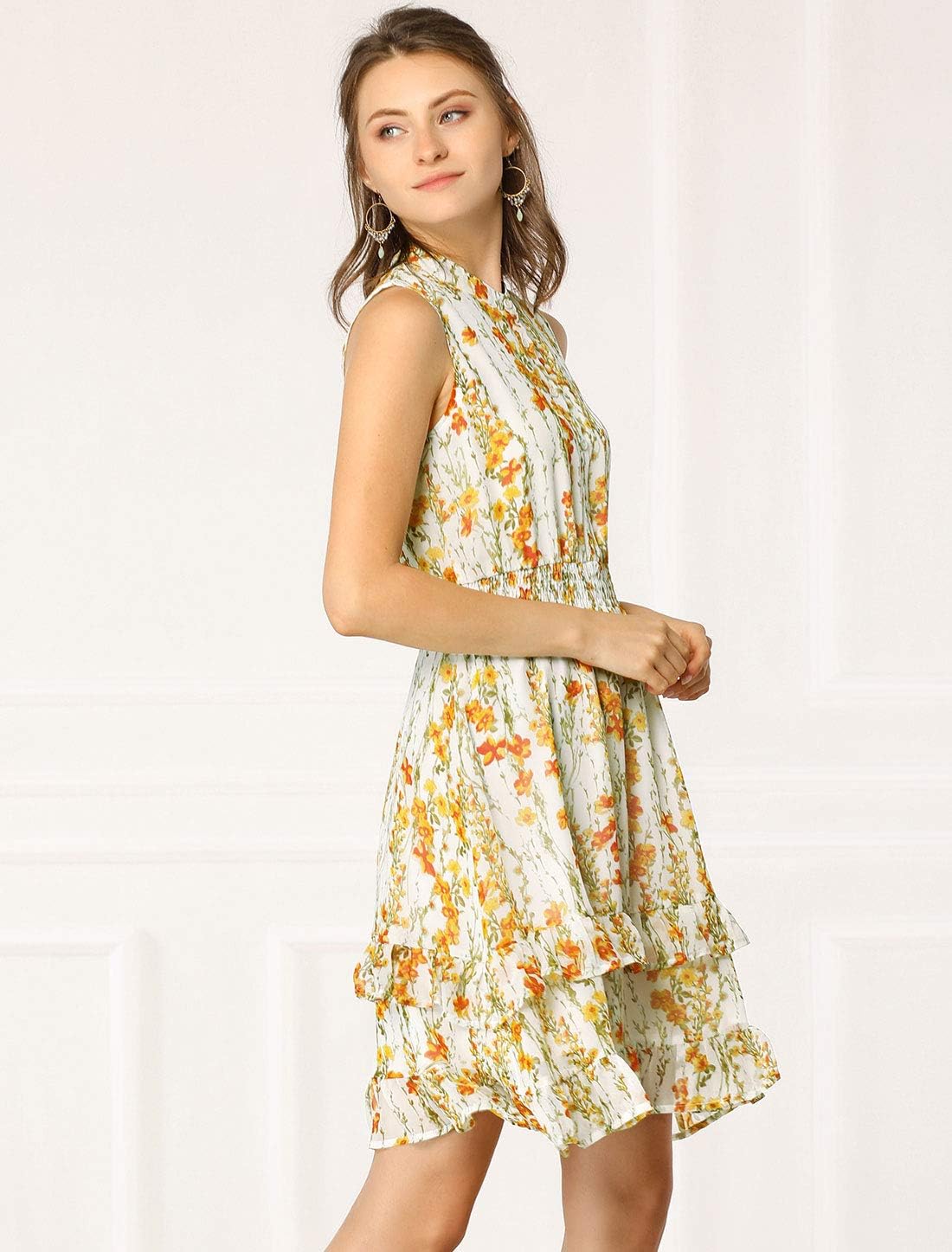 Allegra K Women's Floral Chiffon Dresses Smocked Mini Sleeveless A-Line Dress - Image 2