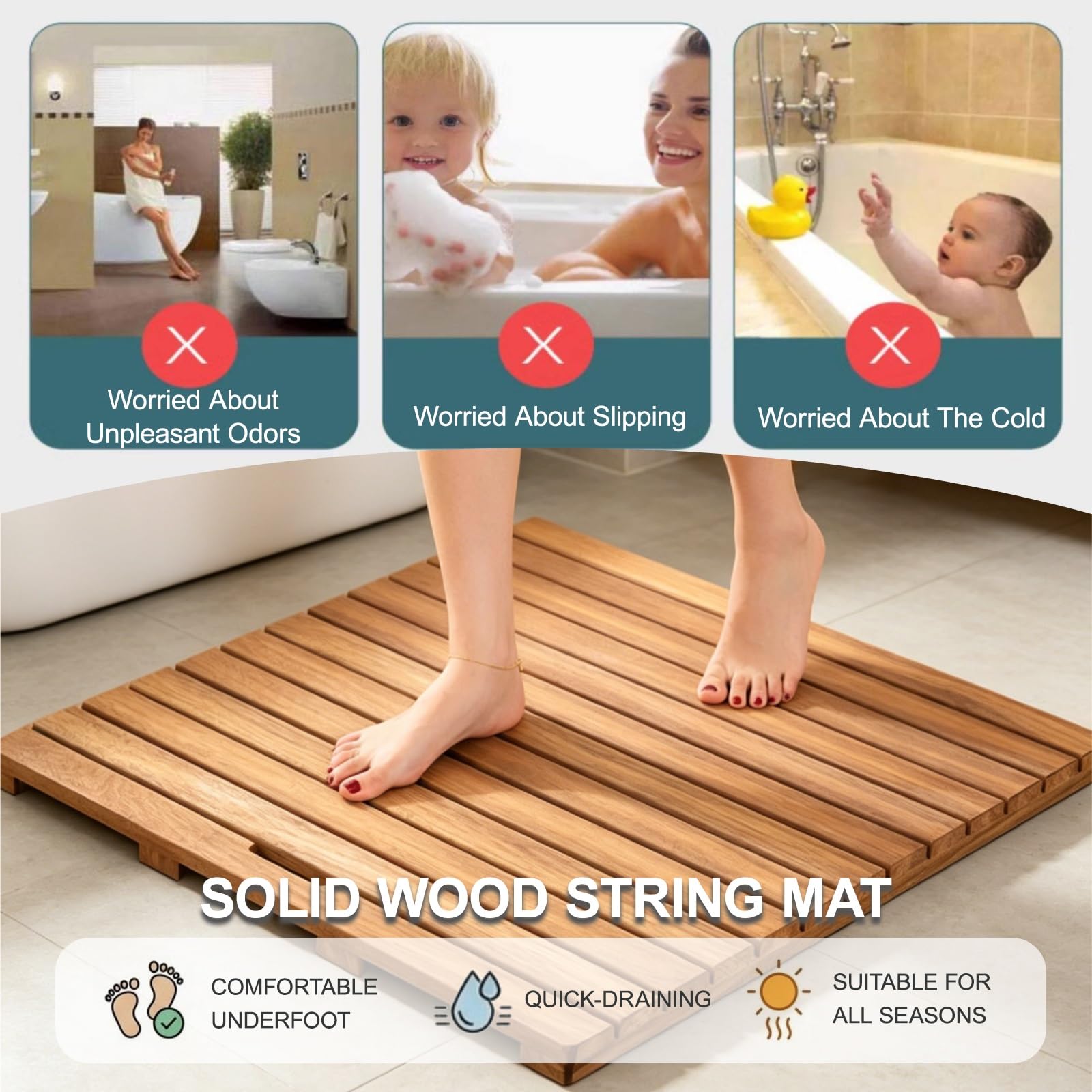 Alfombrilla de baño de madera antideslizante grande para baño, spa, sauna, jardín, diseño de listones, 50 x 100 cm para un drenaje suave y seguridad en el hogar