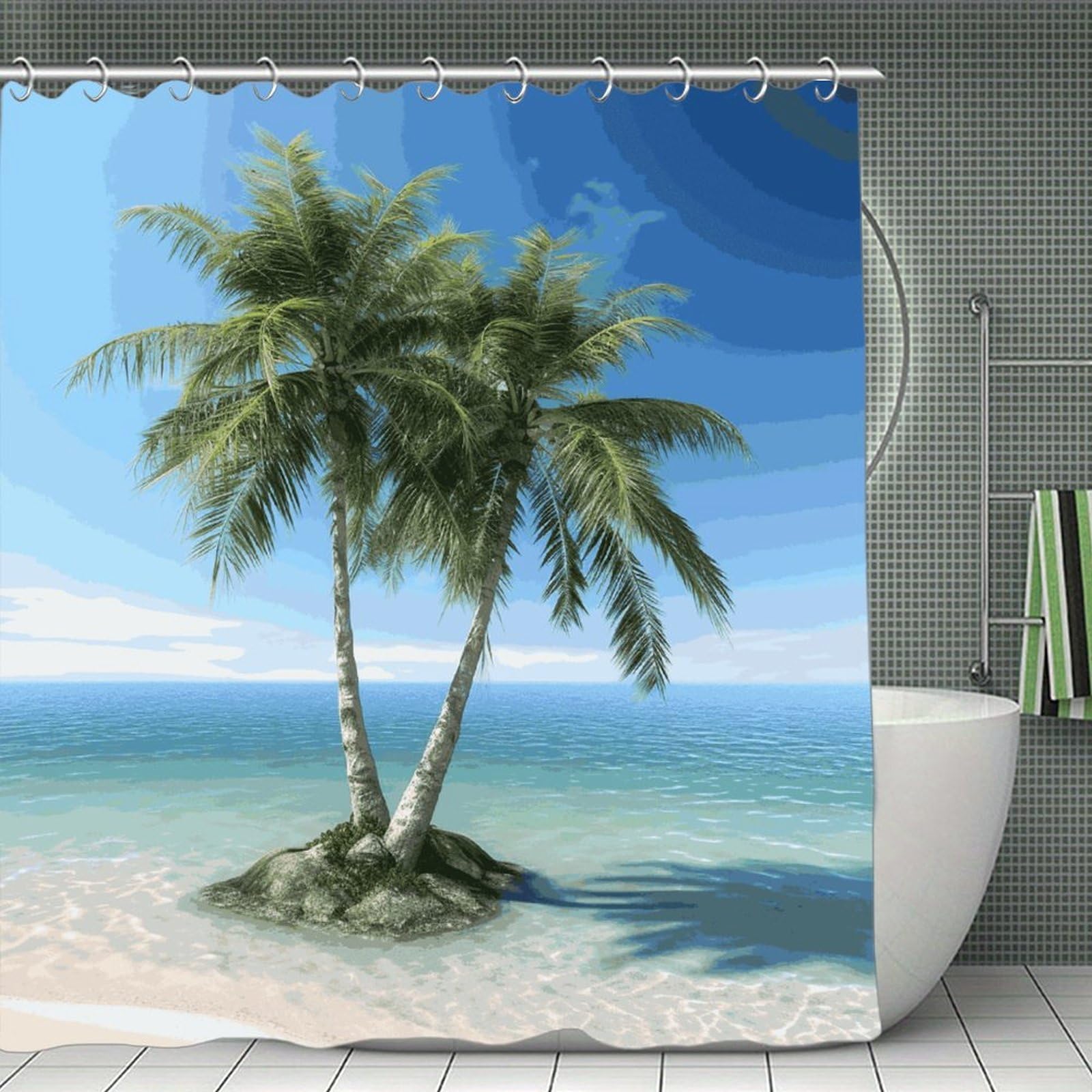 JTREHY Sea Palm Trees Shower Curtain Waterproof Bathroom Shower Curtain Machine Washable Bath Curtains Polyester Cloth Bath Curtains for Bathroom Showers 70.8×70.8Inch