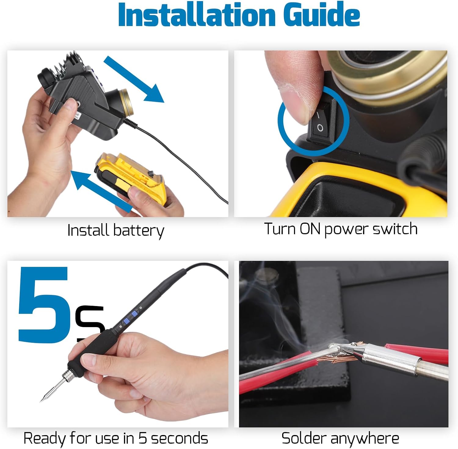 Four-panel image showing installation steps: installing battery, turning on power switch, quick heating, and soldering