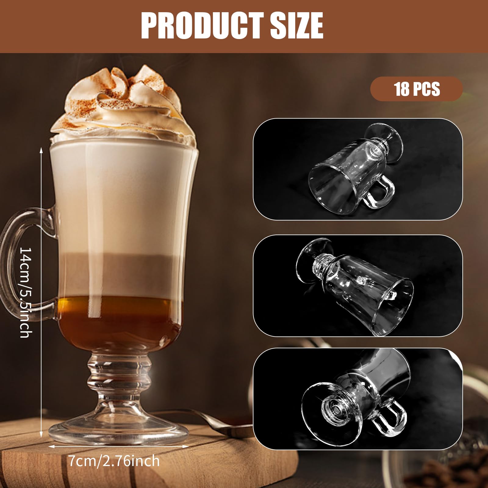 LECEHIVO 18 Pieces Irish Coffee Mugs Bulk with Handle 8.5 oz Clear Glass Mugs with Sakura Shaped Spoons for Espresso Cappuccino Ice Cream Tea for Wedding Graduation Party