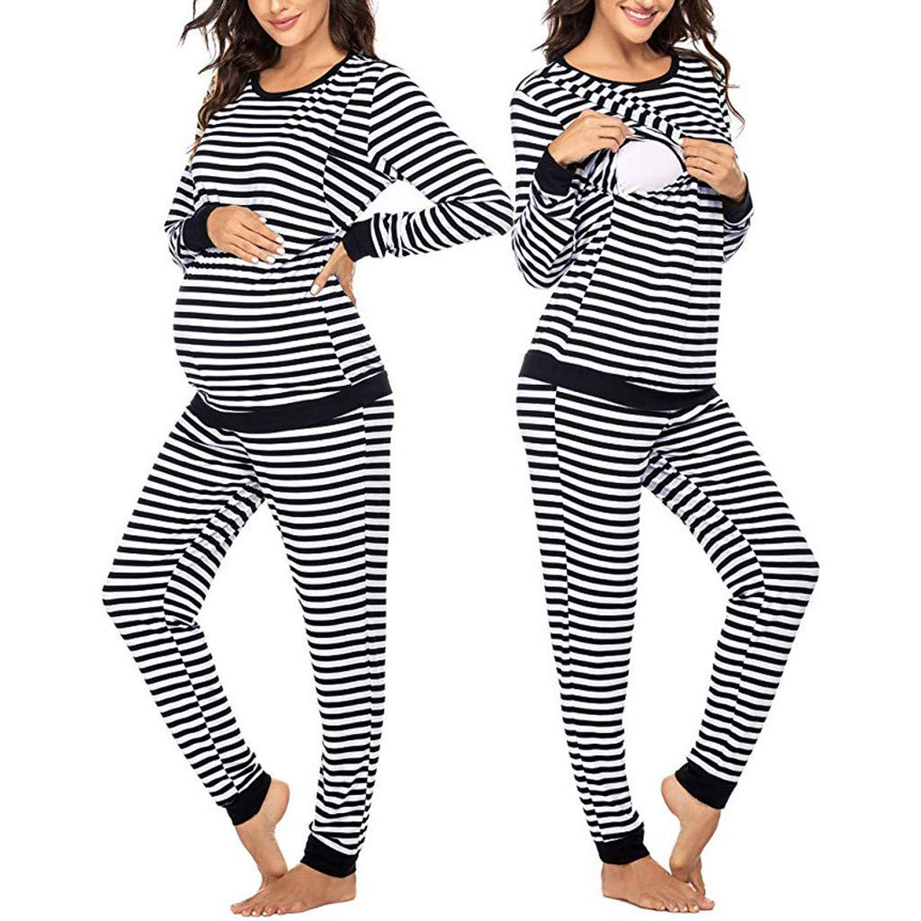 Ensemble haut + pantalon rayé pour femme T-shirt long pyjama manches allaitement costume de maternité et costume de grossesse avec fermeture éclair et