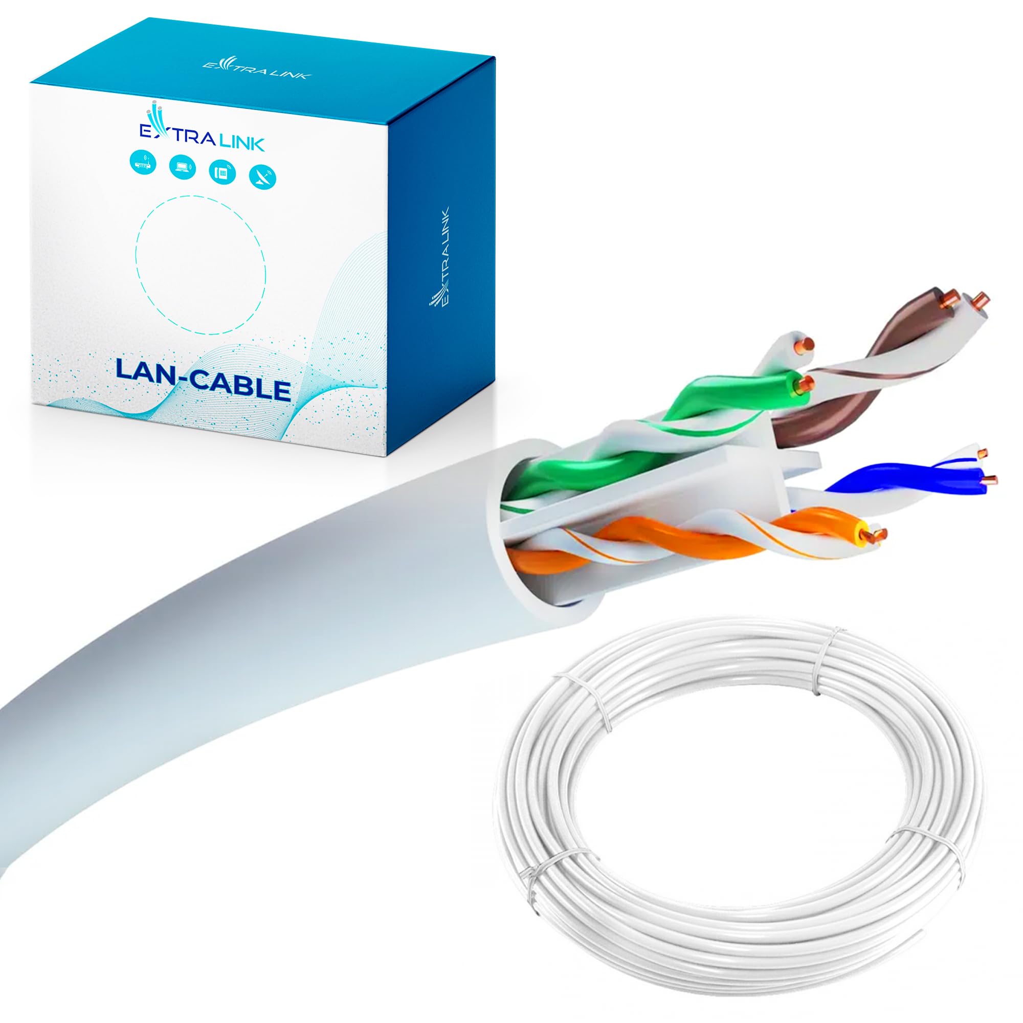 EXTRALINK Câble Ethernet CAT6 50M vers l'intérieur, câble réseau LAN – 100% cuivre, blindé U/UTP, compatible PoE, résistant aux UV, avec gaine extérieure en PE durable et résistante aux intempéries