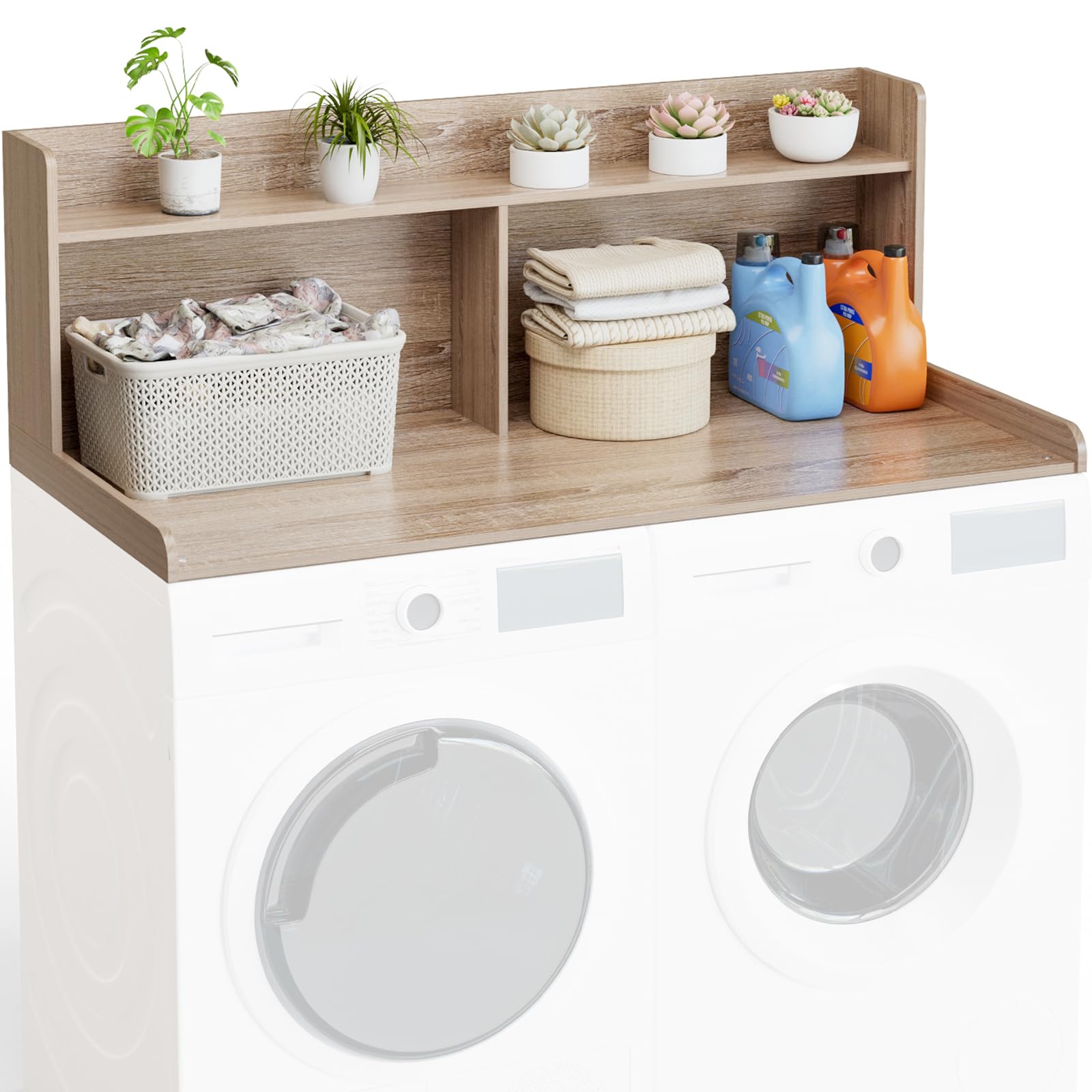 Washer Dryer Countertop with Shelf 54" W x 27.5" L Laundry countertop for Washer and Dryer with Edge Rails, Oak
