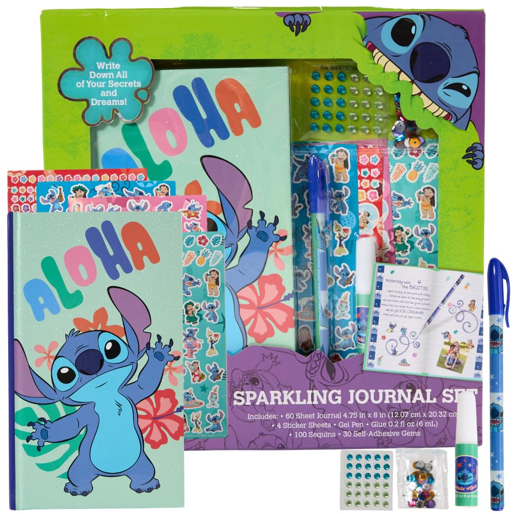 Innovative Designs Disney Stitch Sparkle Journal Set for Kids, Journal Kit with Stickers and Gems