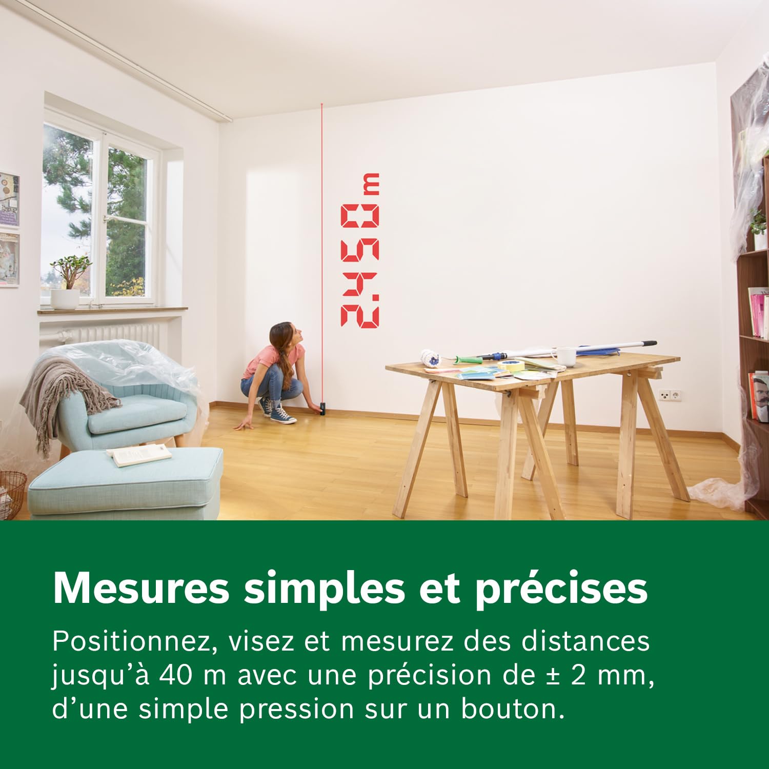 Bosch Télémètre Laser Zamo Set (portée jusqu’à 40 m, rechargeable USB‑C, mémorise 10 mesures, incl. adaptateurs ligne, roulette et ruban, piles AAA rechargeables et housse)