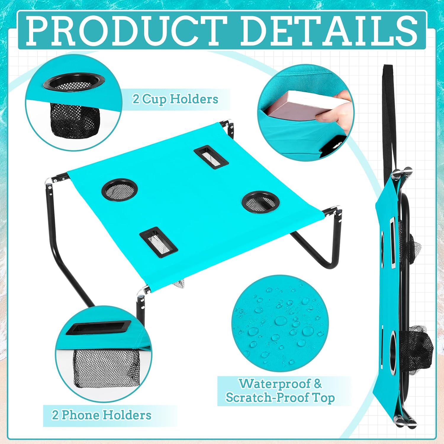 Portable Beach Table Foldable Camping Picnic Table with Cup Holder and Phone Pockets Lightweight Stable for Tailgate Travel Fishing Hiking and Outdoor Adventures(Lake Blue,Solid Pattern)