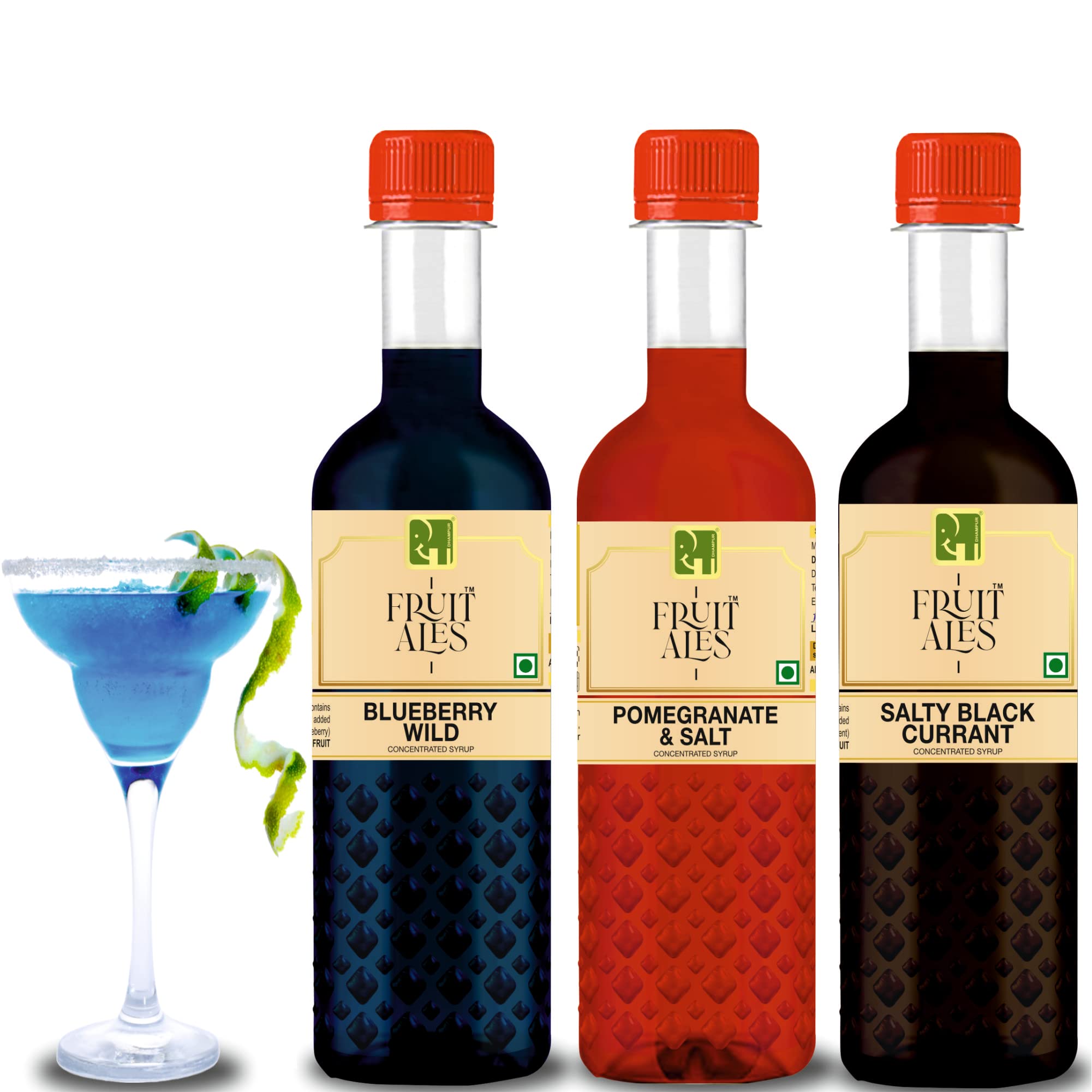 Dhampure Speciality Kids Mocktail Syrup - Black Currant Salty, Wild Blueberry & Pomegranate Salt For House Parties - 900Ml (3 X 300Ml) | Makes 12-15 Drinks Per Bottle