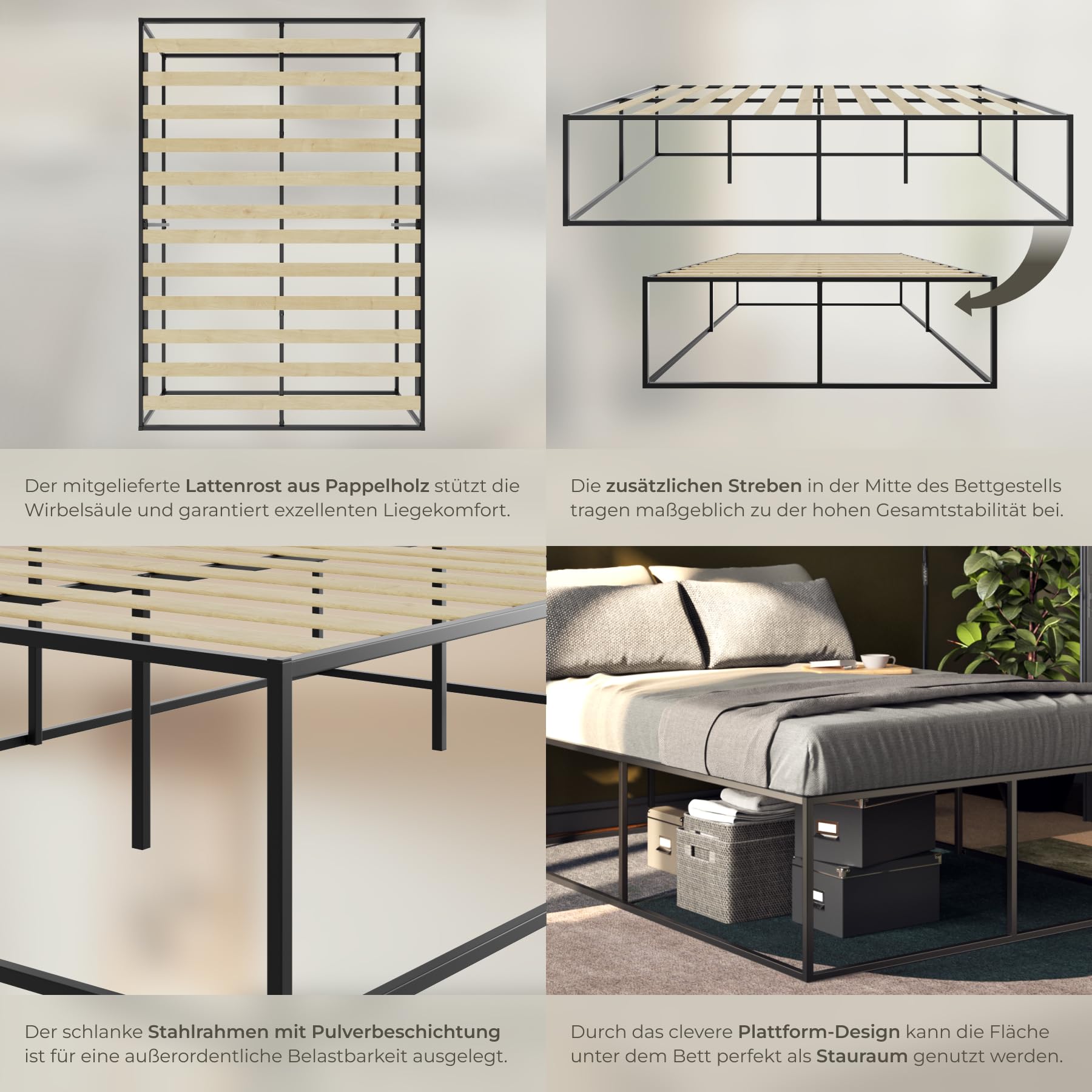 tectake® Bett 140x200 cm, Metall Bett mit Lattenrost, Bettrahmen mit Stauraum, großes Bettgestell ohne Kopfteil, als Ehebett, Einzelbett, Jugendbett, Gästebett, für Schlafzimmer - 140 x 200 x 46,5 cm