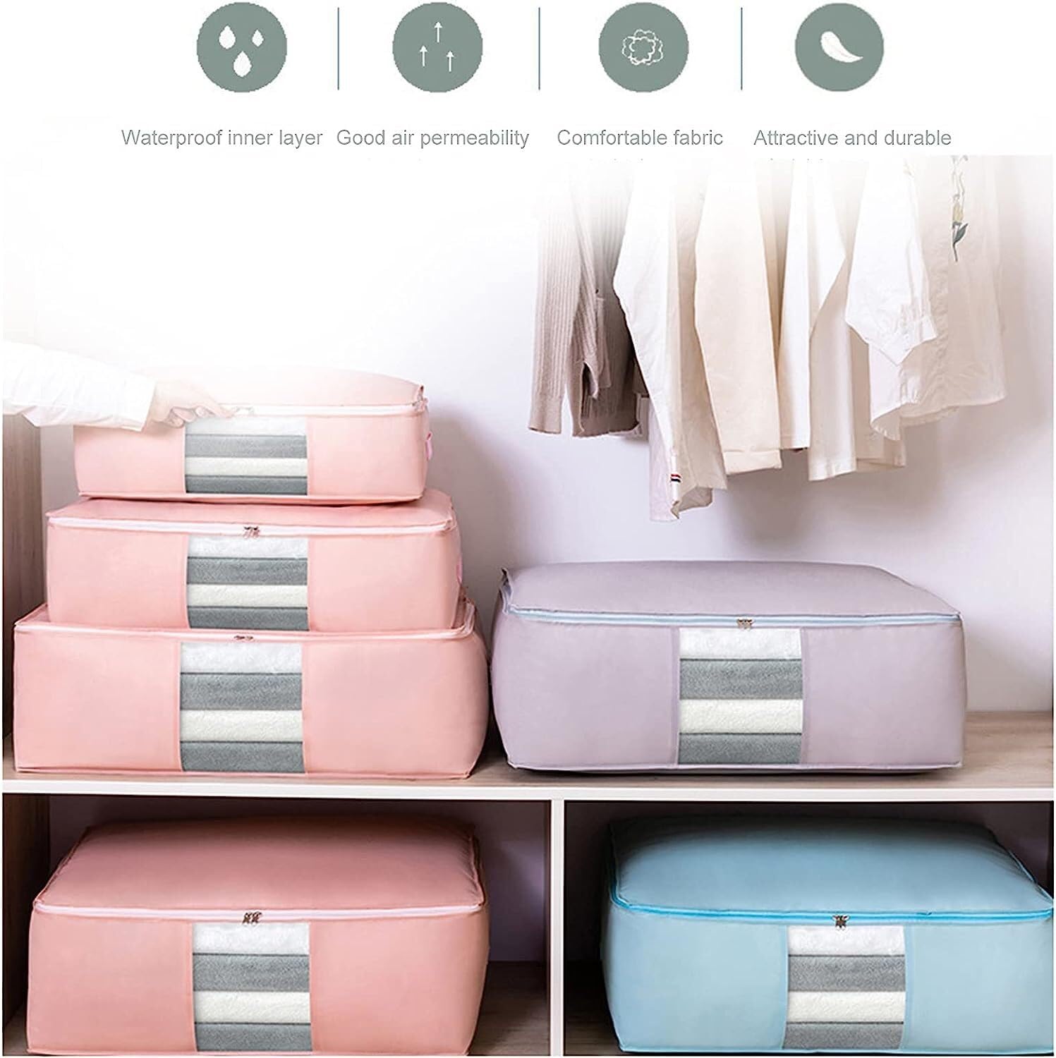Bolsas Almacenaje Ropa Bolsa De Almacenamiento De Ropa Organizador A Prueba De Polvo Plegable Espesar Edredón Contenedor Organizador Armario para Edredones(A,53 * 35 * 17cm)