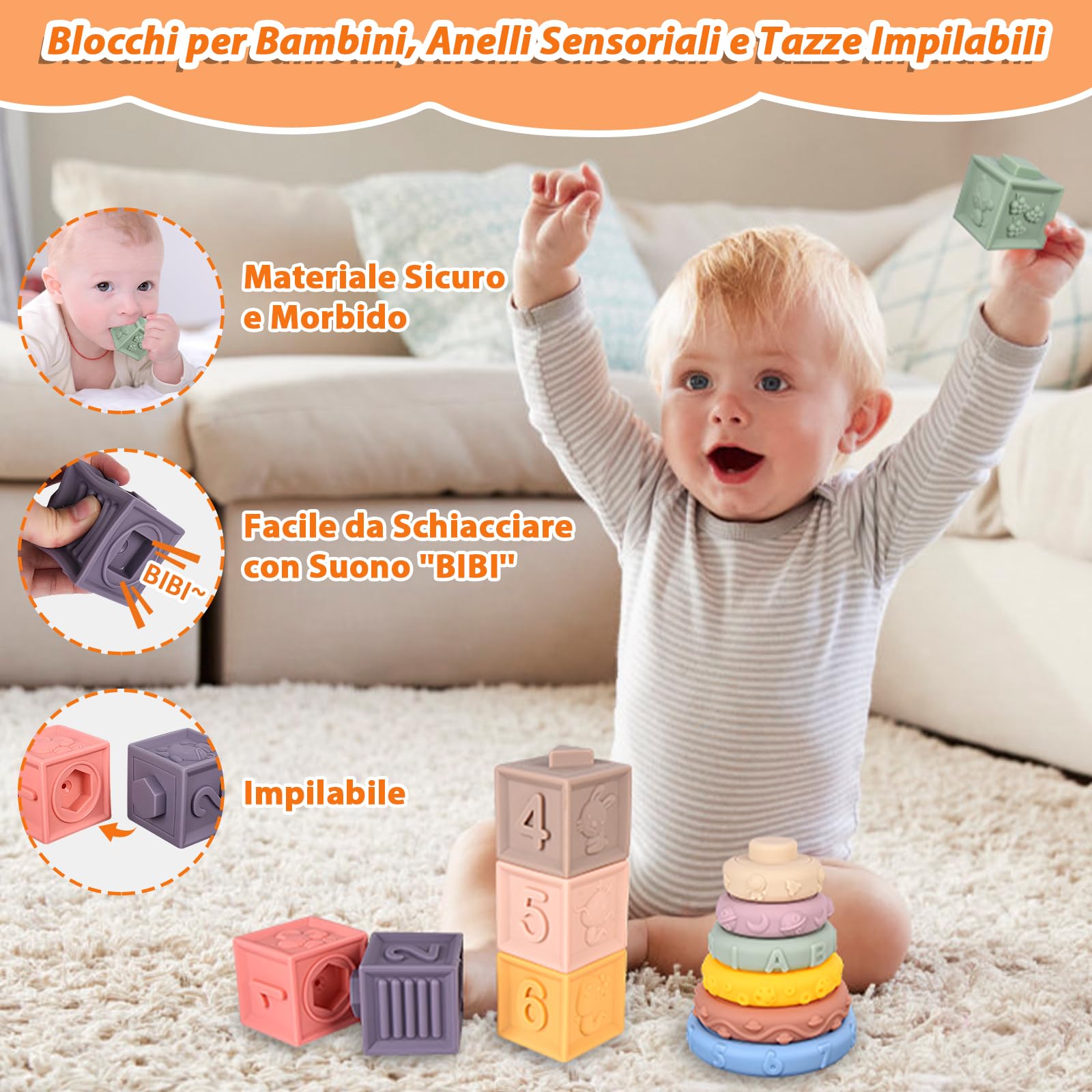 Herenear Giochi Montessori per Neonati, 6 in 1 Montessori Sensoriali Giocattoli, Blocks Impilabili, Giocattoli a Ventosa, Giocattolo Cubo attività, Regalo Giochi Neonato 6 ai 18 Mesi