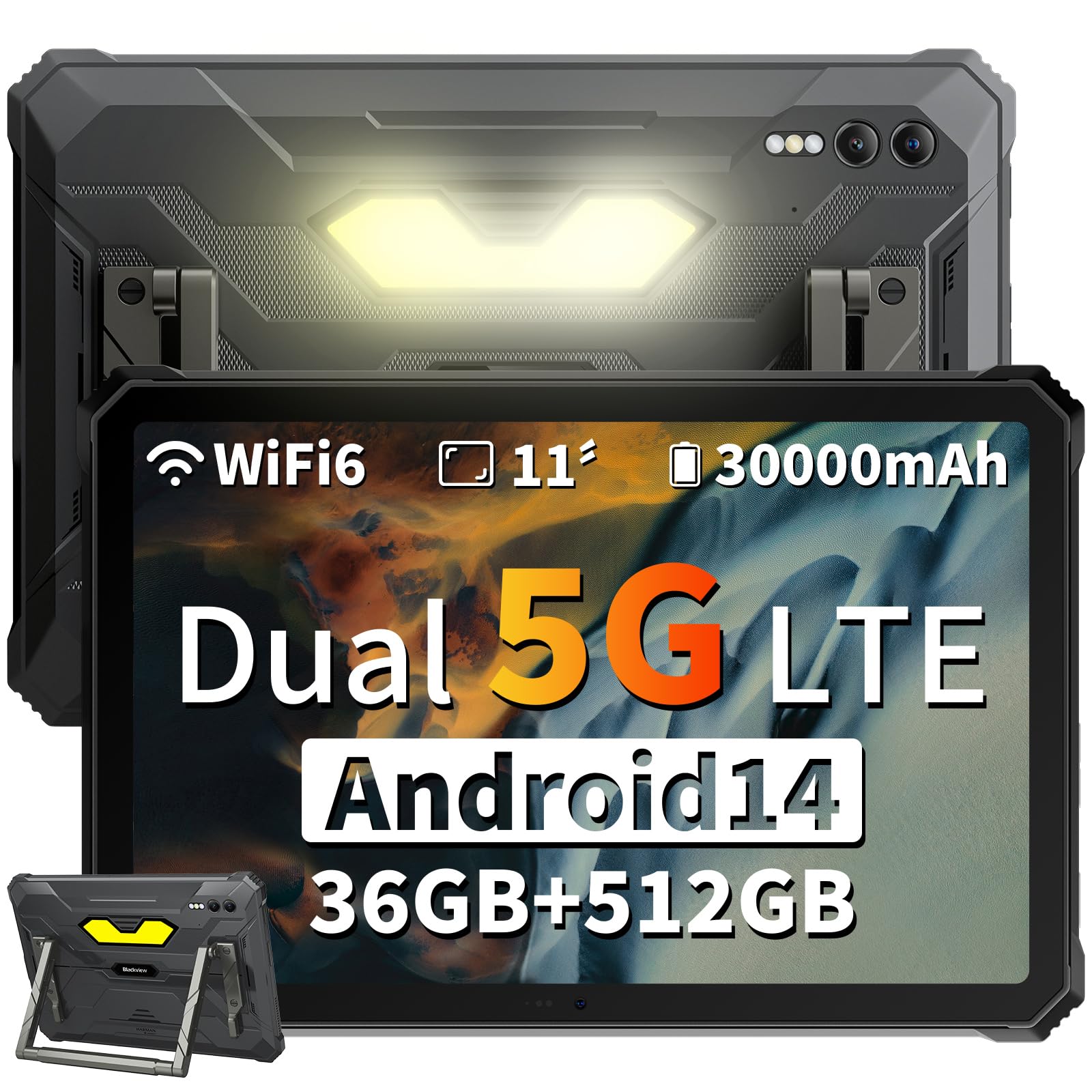 Blackview Tablette Incassable, 30000mAh, Dual 5G LTE, 36Go RAM + 512Go ROM, Tablette Robuste 11 Pouces, Caméra Vision Nocturne 20MP & 108MP, IP68/IP69K Etanche, Charge Rapide 55W, WiFi 6/GPS/NFC