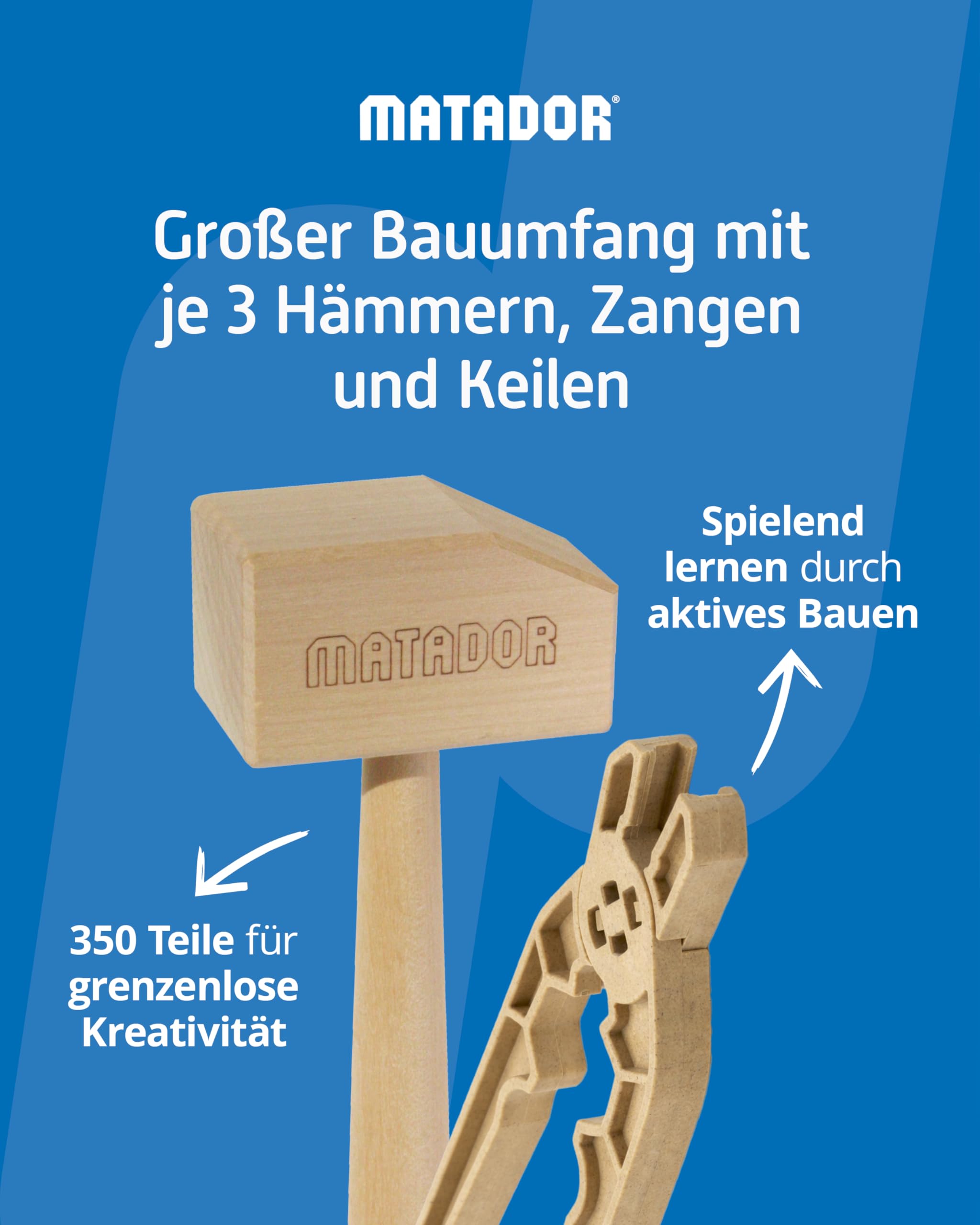 Matador XL Kinder Baukasten ab 3 Jahren 350-tlg. - Spannendes Holz Konstruktionsspielzeug zur Schulung von Kreativität und Feinmotorik, Bauspielzeug mit Stäbchen, Klötzen, Hammer & Zange