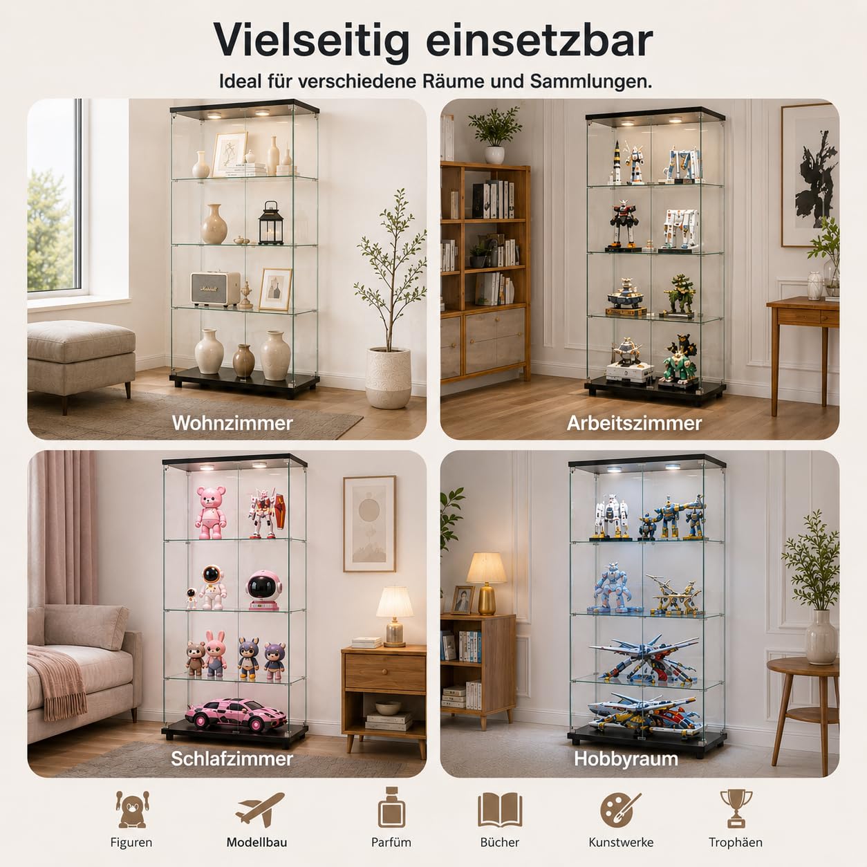 Vitrina de cristal con LED, vitrina de coleccionista de pie con 2 puertas de cristal con cerradura y 4 estantes, vitrina transparente, para salón, oficina, coleccionables, libros, vino (negro)