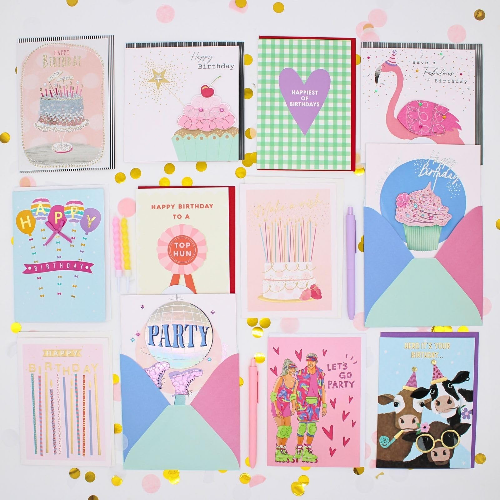 Love Kates Card'N'Mix Birthday Card Multipack Party Girl Variety Set 12 Card Assortment Lucky Dip Birthday Cards, For Her, Teens, Girls, Mystery Pack, Hand-Finished Selection, With Envelopes
