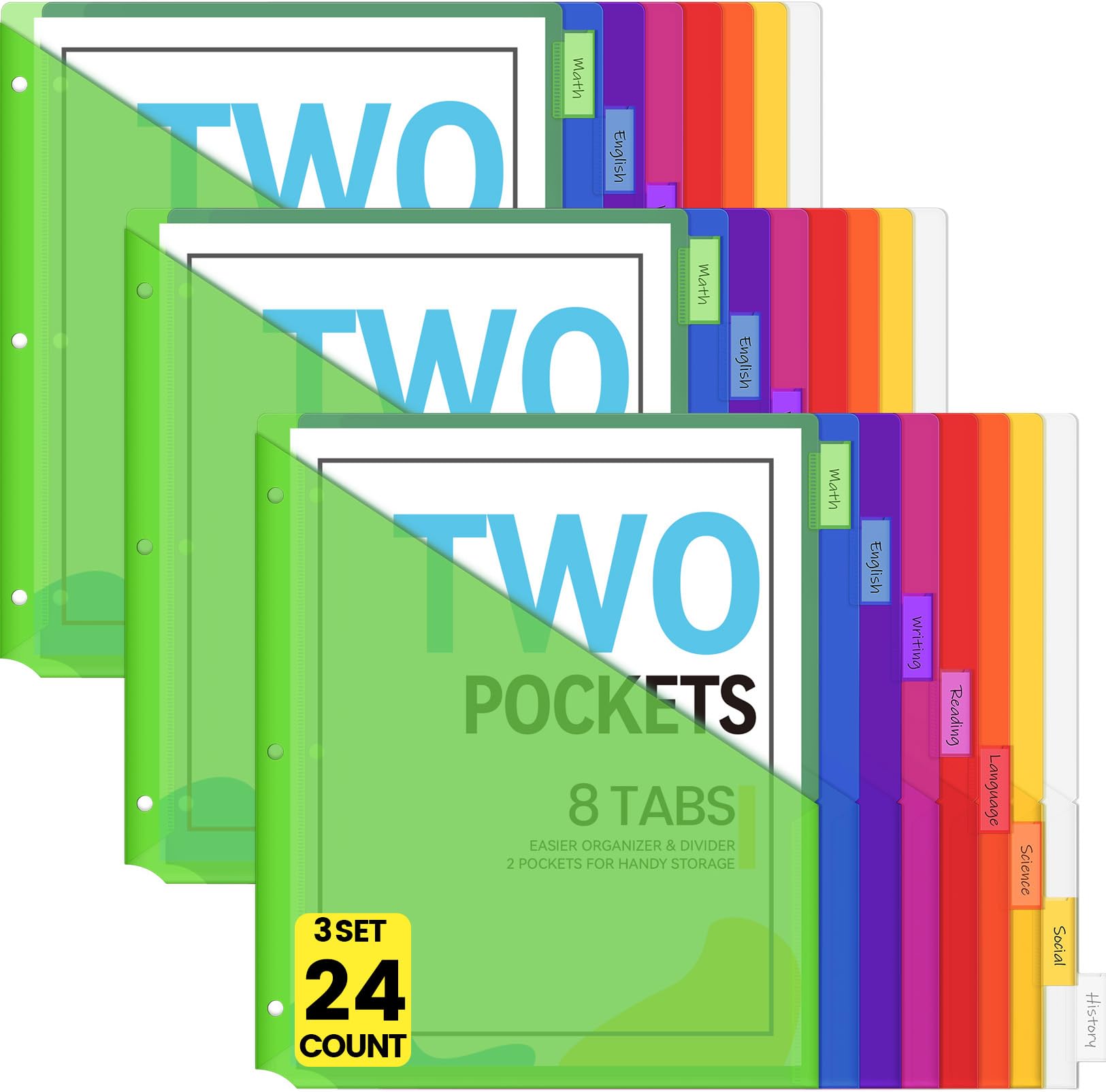 Sooez 24 Count Dividers with Pockets, 8 Tabs Binder Dividers for 3 Ring Binders, Binder Dividers with tabs, Binder Divider with Pockets for US Letter