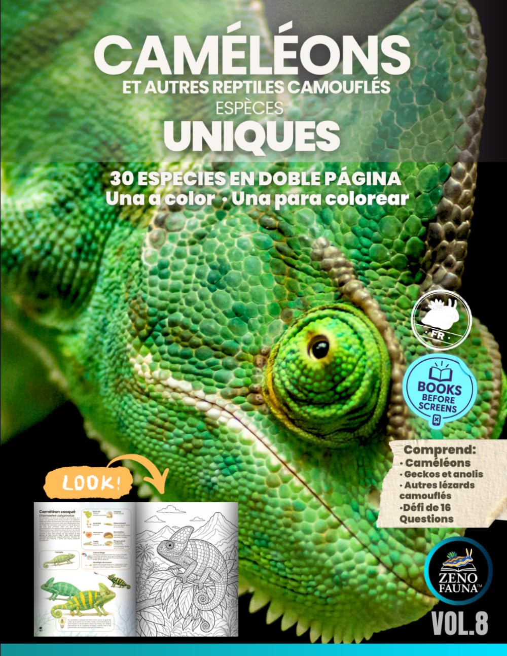 Caméléons et autres reptiles camouflés: 30 espèces en double page : une page en couleur et une page à colorier • livre éducatif illustré pour enfants et familles (Espèces Uniques)