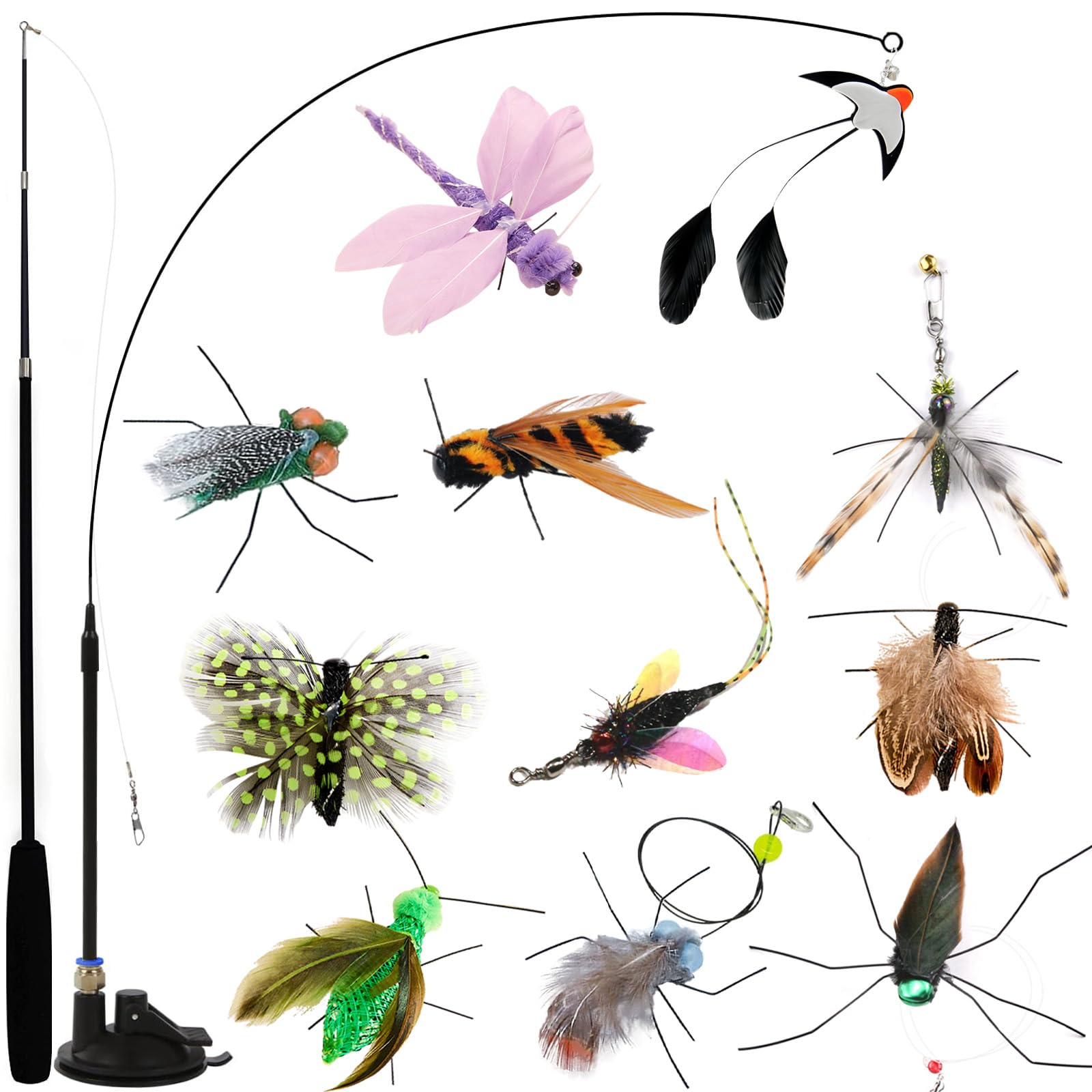 Hjvvr Cat Wand Toy Set with 11 Attachments – Retractable Fishing Rod, Sticky Super Suction Cup, Interactive Indoor Cat Toys, Insect & Feather Refills – Satisfy Hunting Instinct, Keep Cat Active