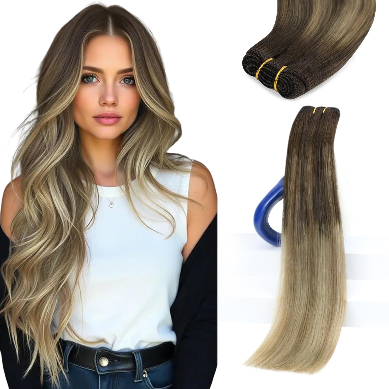 Sunny Hair 24inch Human Hair Weft Extensions Real Human Hair Ombre Sew in Hair Extensions Real Human Hair Dark Brown Roots to Golden Brown Balayage
