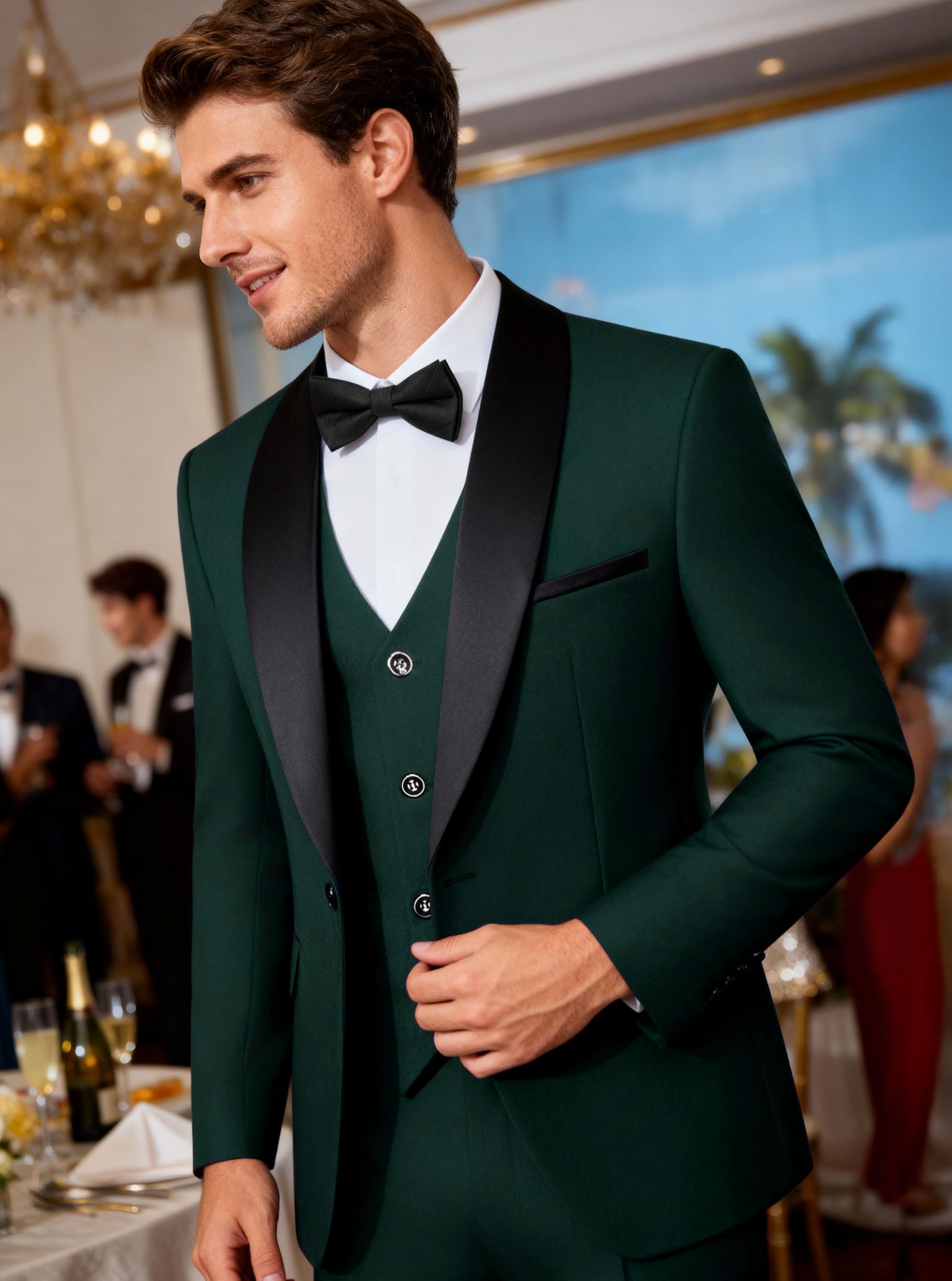 Herren 3-teiliger Slim Fit Smoking Anzug mit 1-Knopf-Sakko, Schalrevers, Sakko Weste Hose Set für Hochzeit & Prom