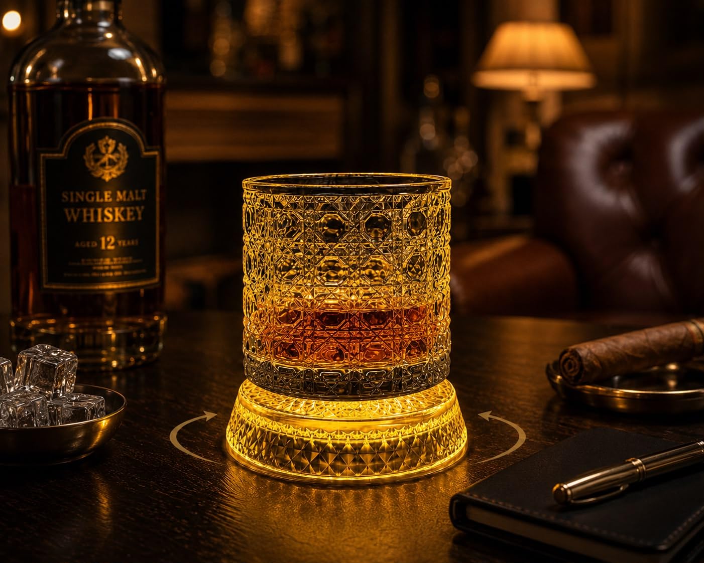 IndElite Luxury Rotating Whiskey Glass | Crystal Cut Spinning Whisky Glass with LED Light Coaster | Premium Barware Gift for Men & Whiskey Enthusiasts-image-4