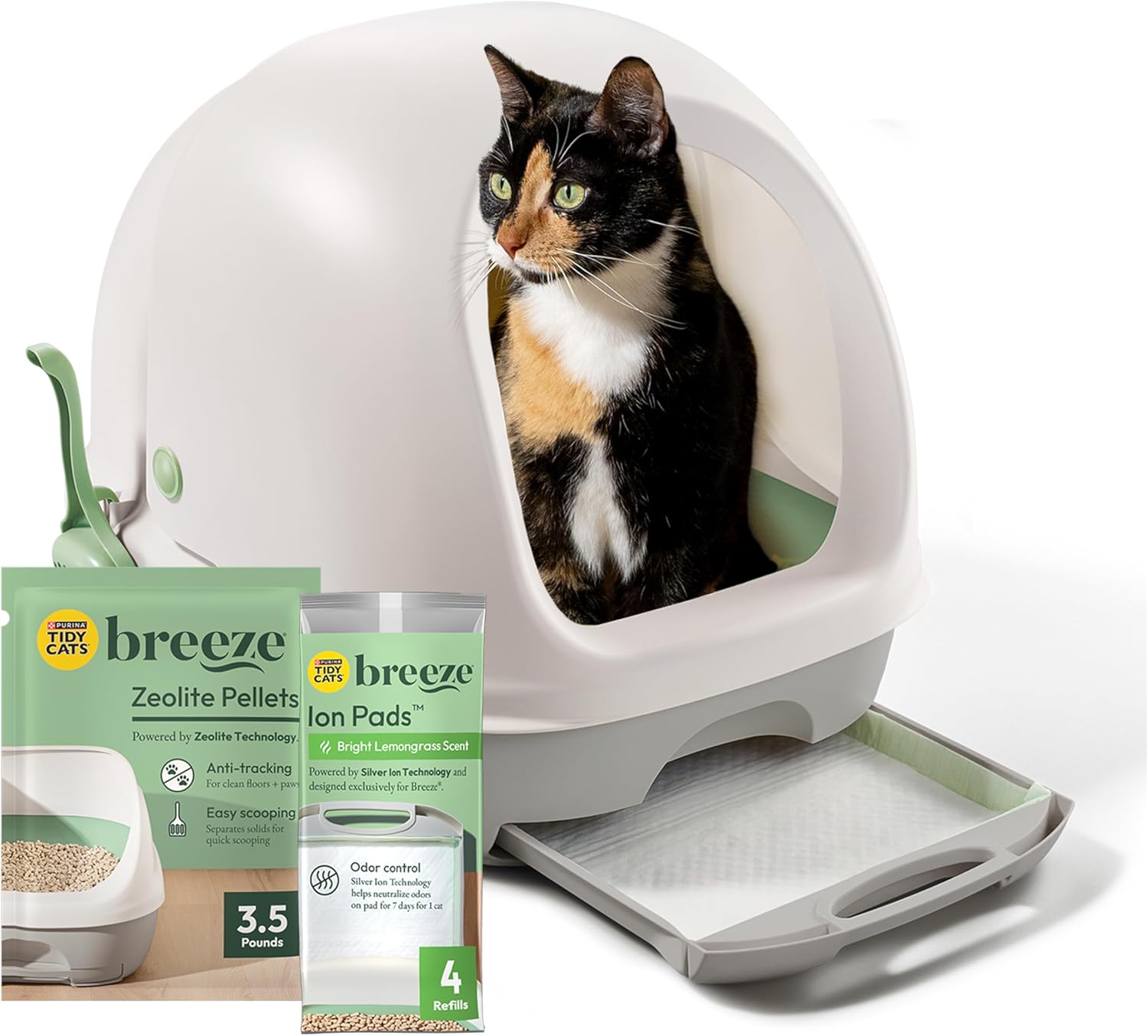 Purina Tidy Cats Breeze Covered Cat Litter Box System Kit with Pellet Cat Litter, Hooded Litter Box, and Litter Box Pads