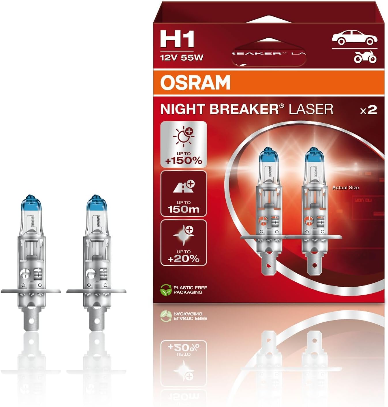 OSRAM Night Breaker Laser H1, Next Generation, plus 150 percent More Brightness, Halogen Headlamp, 64150NL-HCB, 12 V, Passenger Car, Duo Box (2 lamps)
