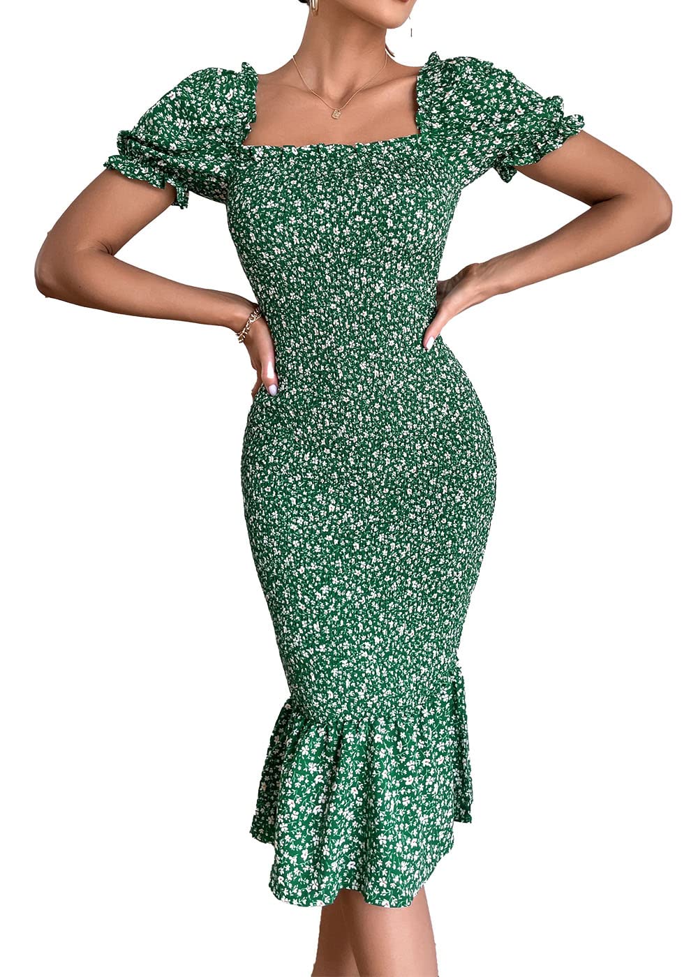 PRETTYGARDENWomen's Summer Floral Midi Bodycon Dresses Short Puff Sleeve Square Neck Ruffle Hem Mermaid Cocktail Dress, Green, Large