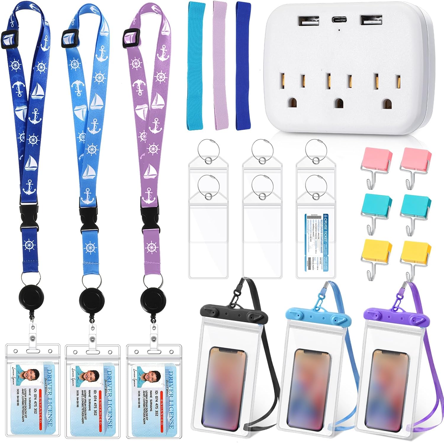 Fulmoon 22 Pcs Carnival Cruise Essentials 2026 Accessories Kit Include Luggage Tags Holder Cruise Lanyards for Ship Card Magnetic Hook Waterproof Phone Bag Towel Band and Power Strip(Bright Color)