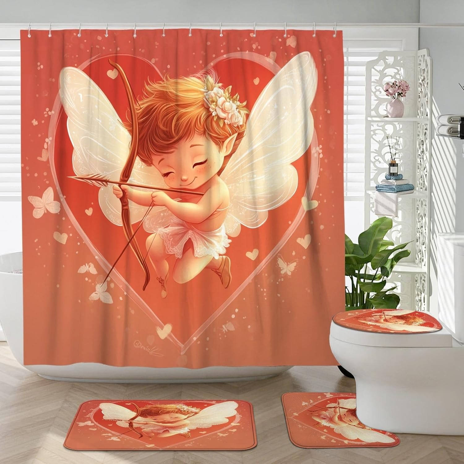 4PCS Cartoon Valentine's Day Fairy Bathroom Accessory Sets with Non-Slip Rug, U Shape and Toilet Lid Cover Mat, Fun Cute Romantic Love Heart Bathroom Decorative-72''x72''