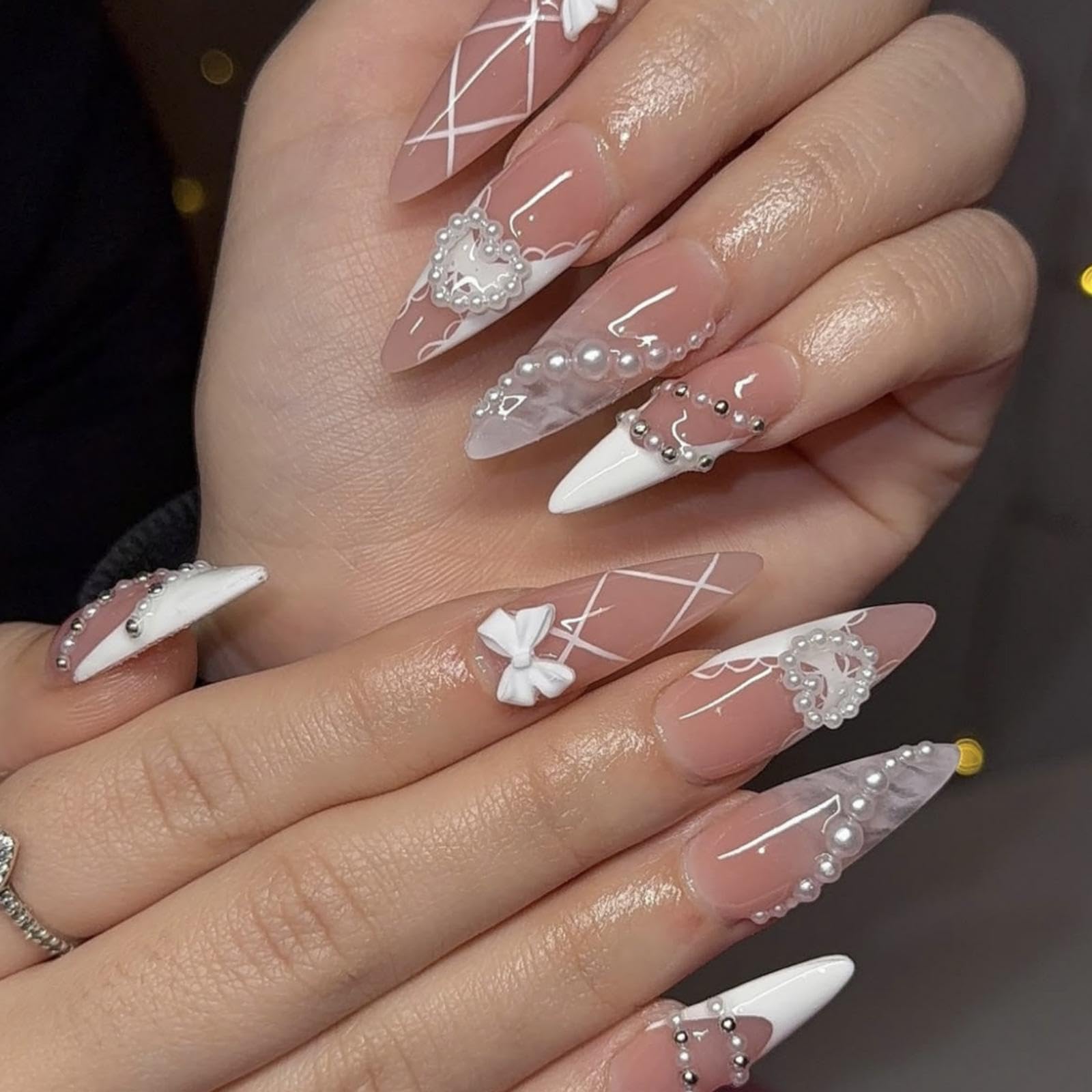 White French Tip Press on Nails Pearl fake Nails with Design Heart Glue on Nails Glossy Artificial Acrylic Full Cover Bow Stick on Nails Medium