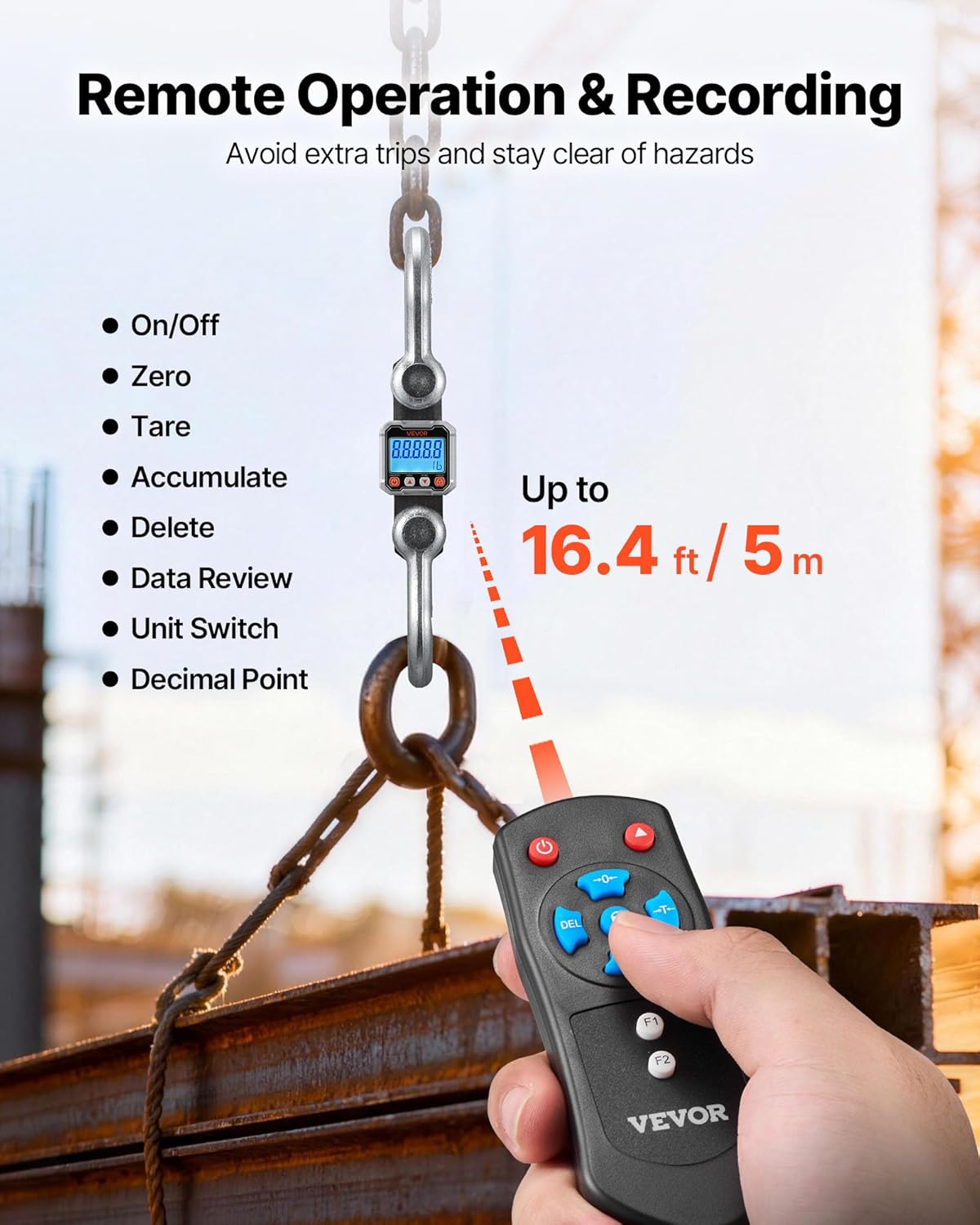 VEVOR Digital Crane Scale, 22000 lbs/10 T Max Capacity, Heavy Duty Industrial Hanging Scale with Cast Aluminum Case & LCD Display, 5 lbs Division & 3 Unit Switch, Remote Control for Garage Factory