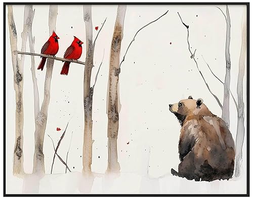 Bear Cardinal and Birch Trees Winter Wall Art Print Watercolor