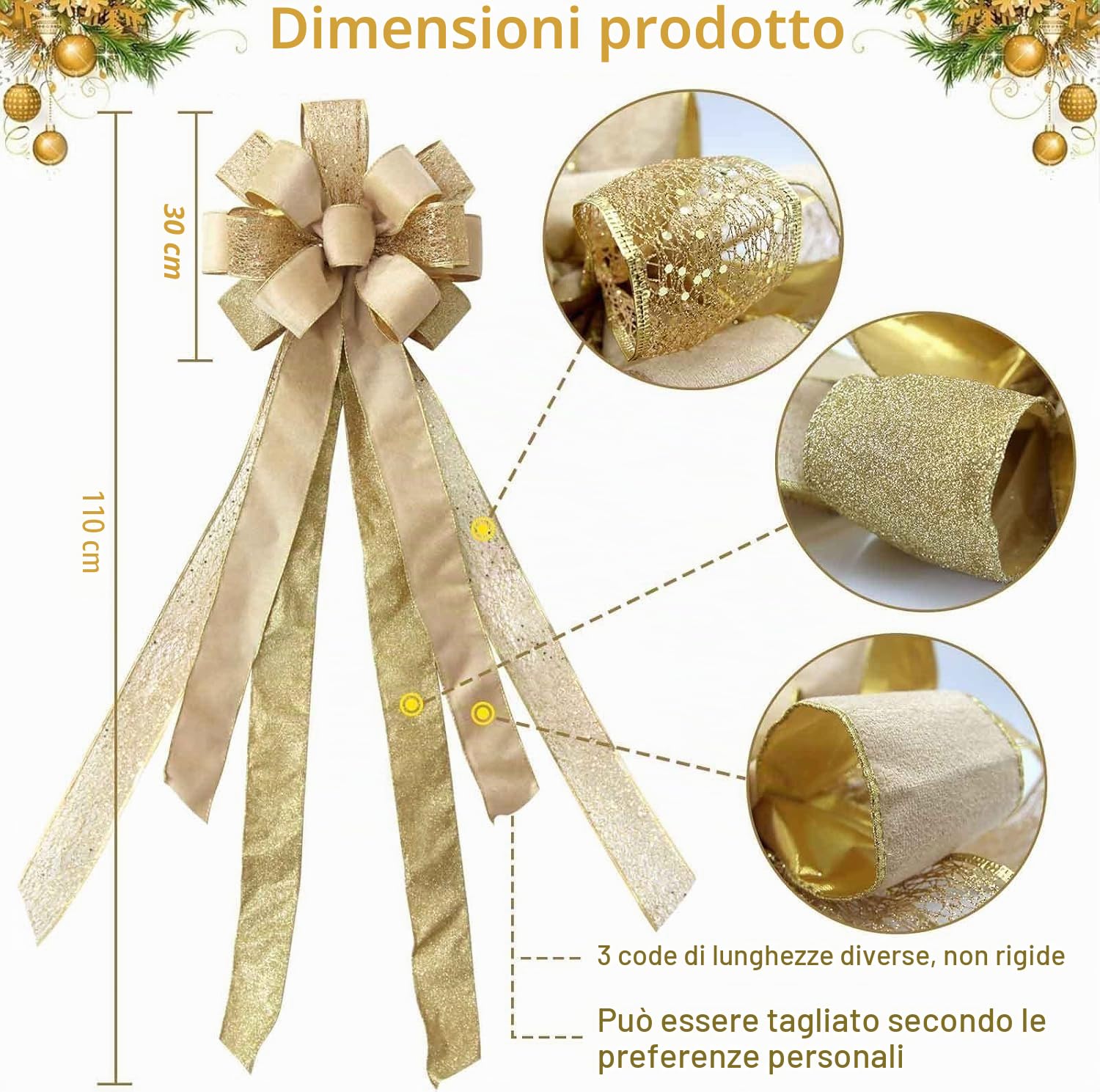 LATERN Dorato Fiocco Puntale per Albero di Natale, 30CM x 110CM Grande Fiocco Natalizio in Velluto Cappello con Raso Glitterato Stelle Filanti per Natale Albero Camino Ghirlanda Porta Casa Decorazioni