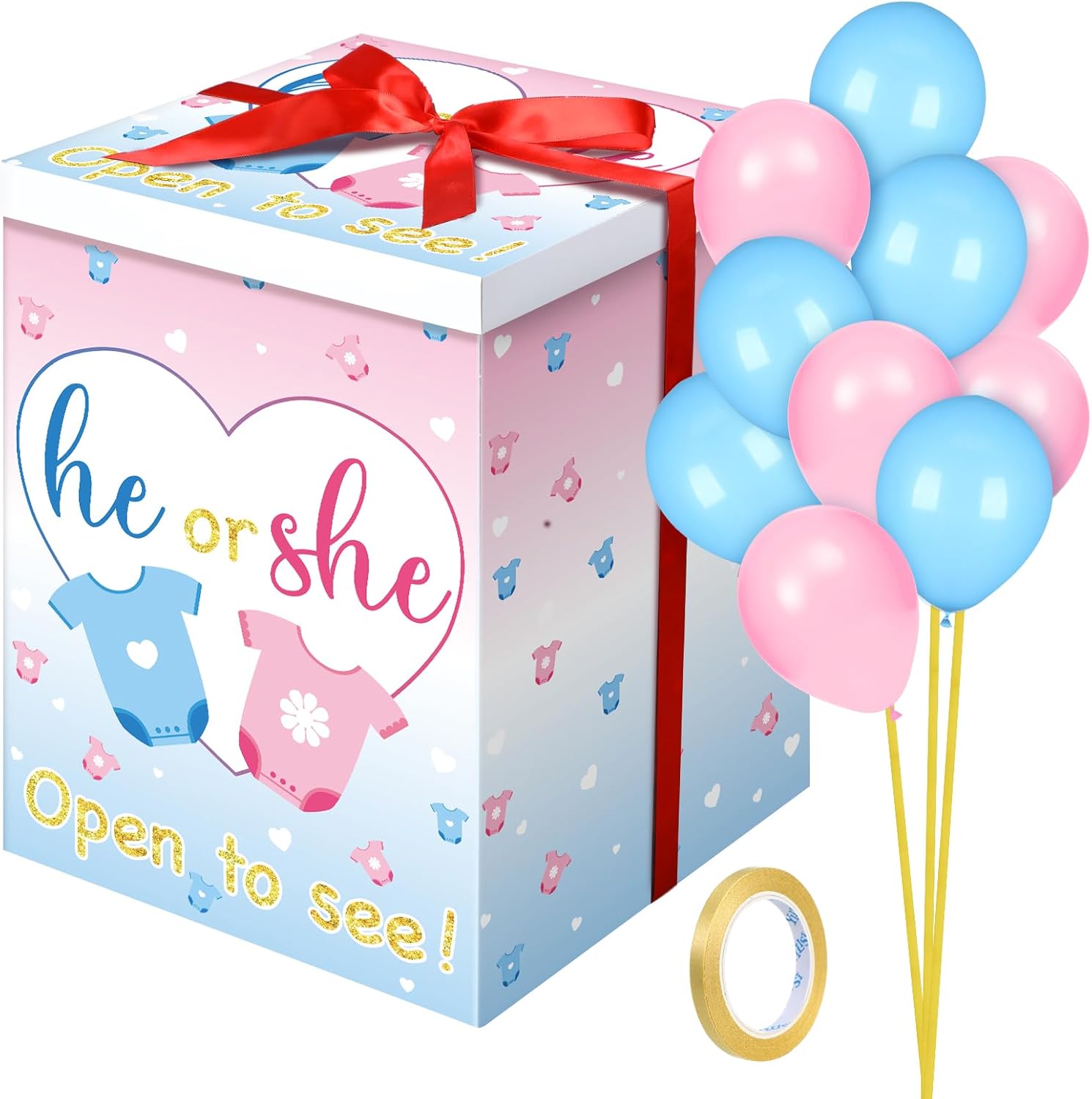 ( SIMILAR ITEM) Hungdao Gender Reveal Balloon Box with Ribbon and 10 Pink and Blue Balloons Gender Reveal Games He or She Open to See for Party Decoration 12\"x12\"x16\"(Cloth)
