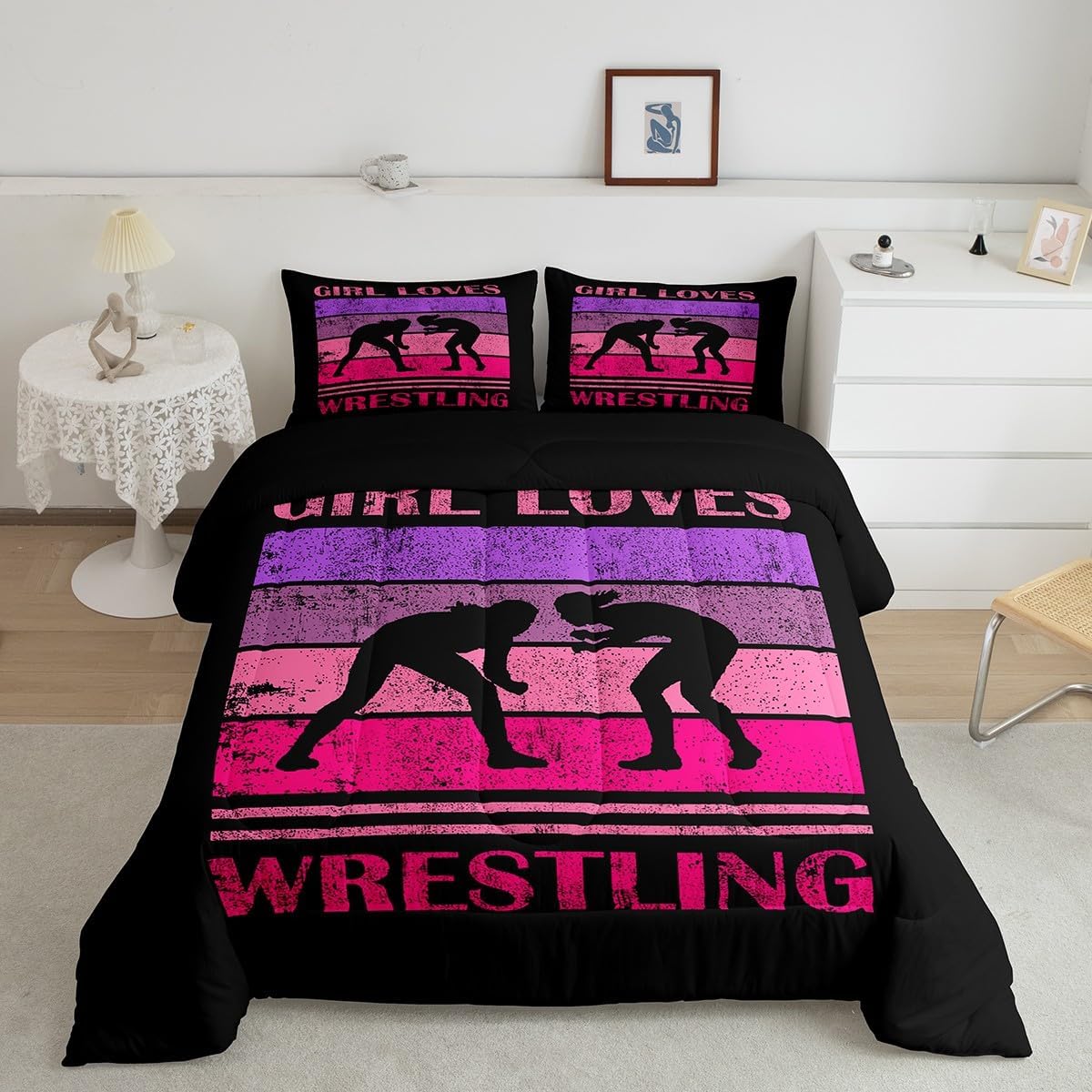 Feelyou Girls Wrestle Comforter Set Twin Size Women Pink Wrestling Bedding Set for Wrestles Comforter Sports Room Decor Bed Set with 1 Comforter, 1 Pillow Case Quilted Duvet