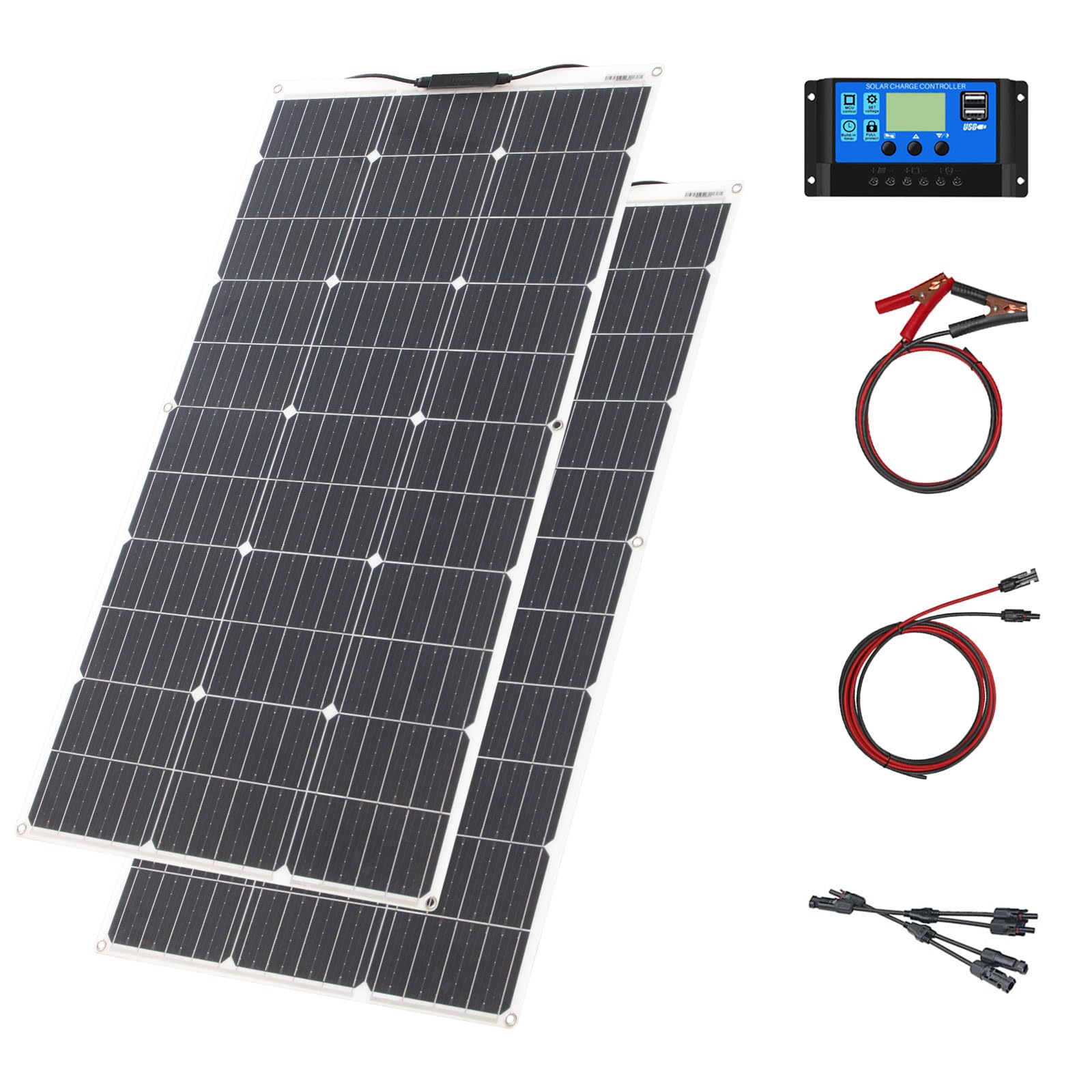 Kit Panel Solar Monocristalino Flexible Módulo Panel Solar 200W 20A 12V/24V Controlador Carga Solar Para Embarcaciones Sistema Aislado la Red Camping, Balcones Sistema Solar Autocaravana