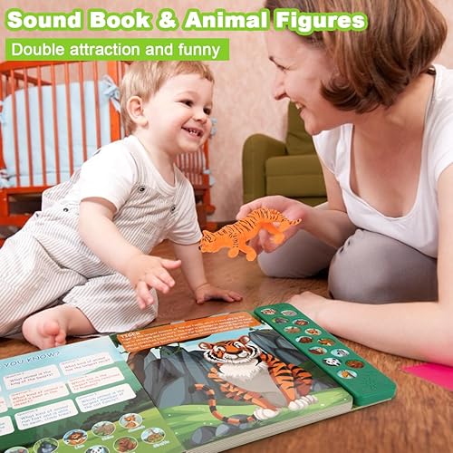Miniatura 6 de Juguetes de figuras de animales de safari - 13 figuras realistas de animales salvajes de plástico y libro de sonido para niños - juguetes educativos