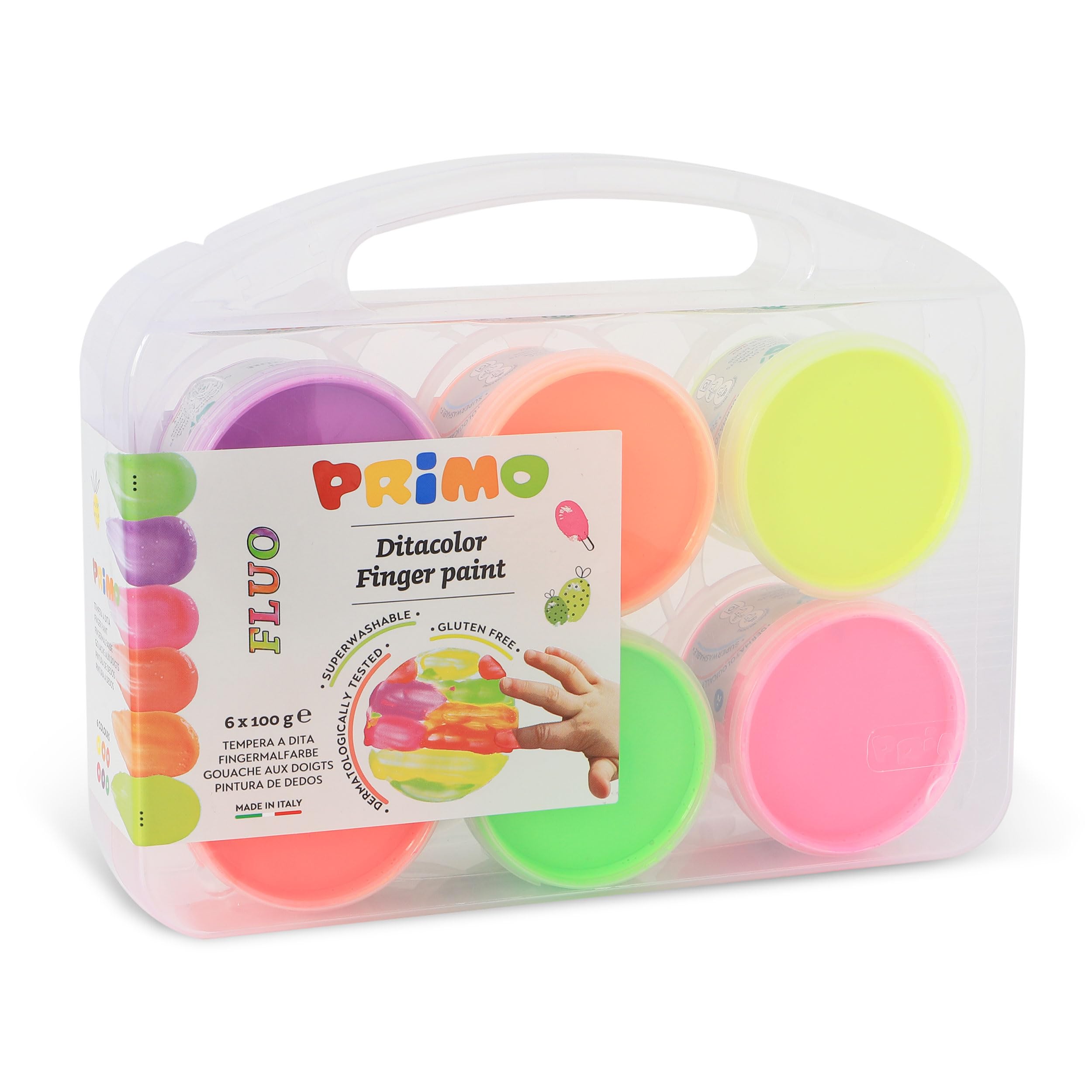 PRIMO - Valigetta Colori per Bambini +2 Anni Prima Infanzia, Tempere per Dipingere a Dita 100g 6 Colori Fluo per Carta Vetro, Tempera Pittura Cartoleria e Lavoretti Creativi Dermatologicamente Testata