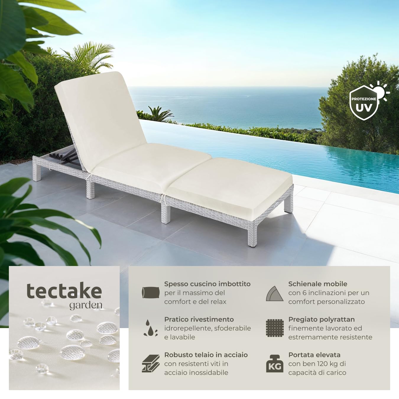 tectake® Lettino Prendisole in Rattan, Altezza Schienale Regolabile, Robusta Struttura in Acciaio, Lettino per Esterno e Interno, 196x66x22 cm, Cuscino Imbottito Rimovibile Incluso - Grigio Chiaro