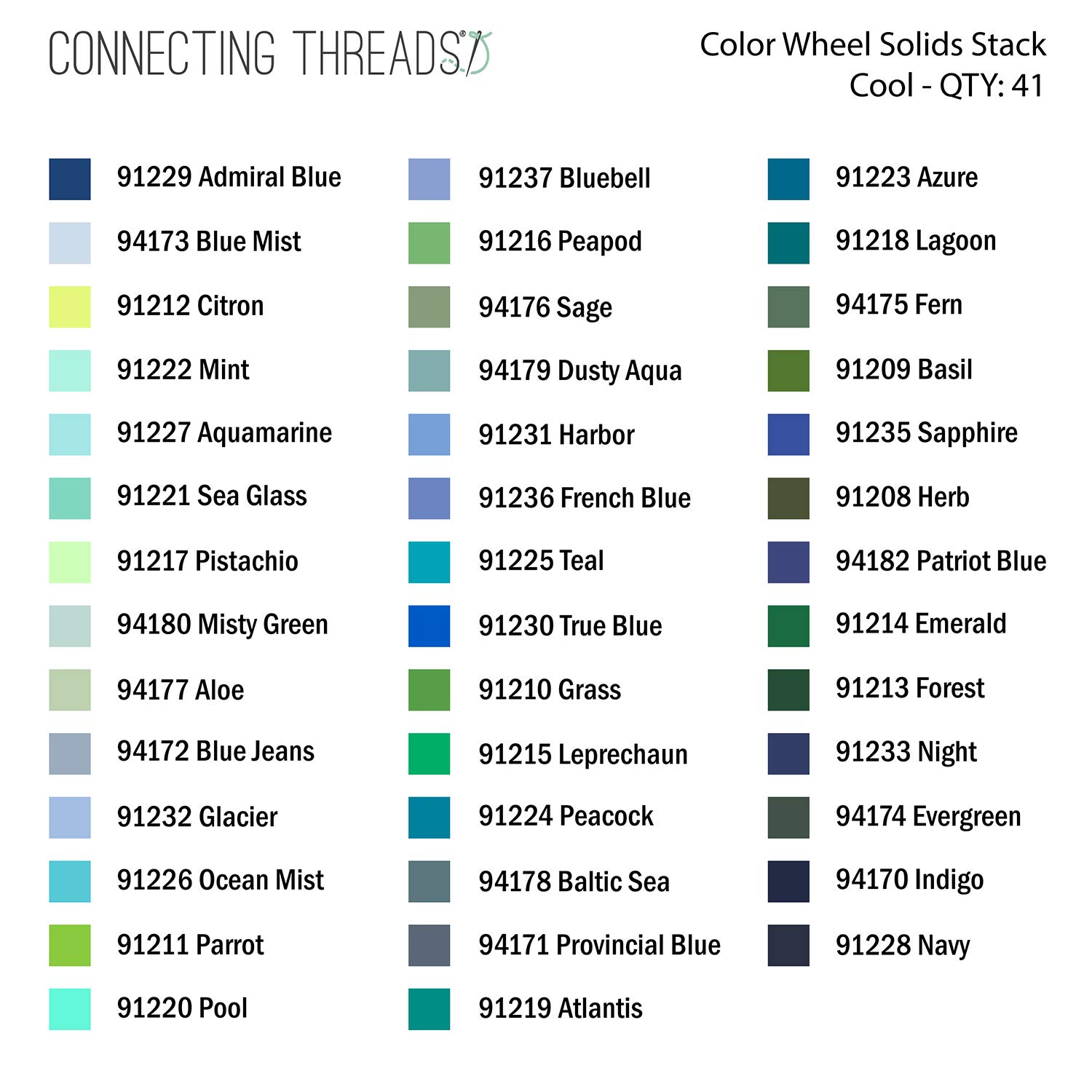 Connecting Threads Color Wheel Solid 41 pcs 10 inch x 10 inch Precut Fabric Squares Quilting 100% Cotton Fabric Bundle (Cool)