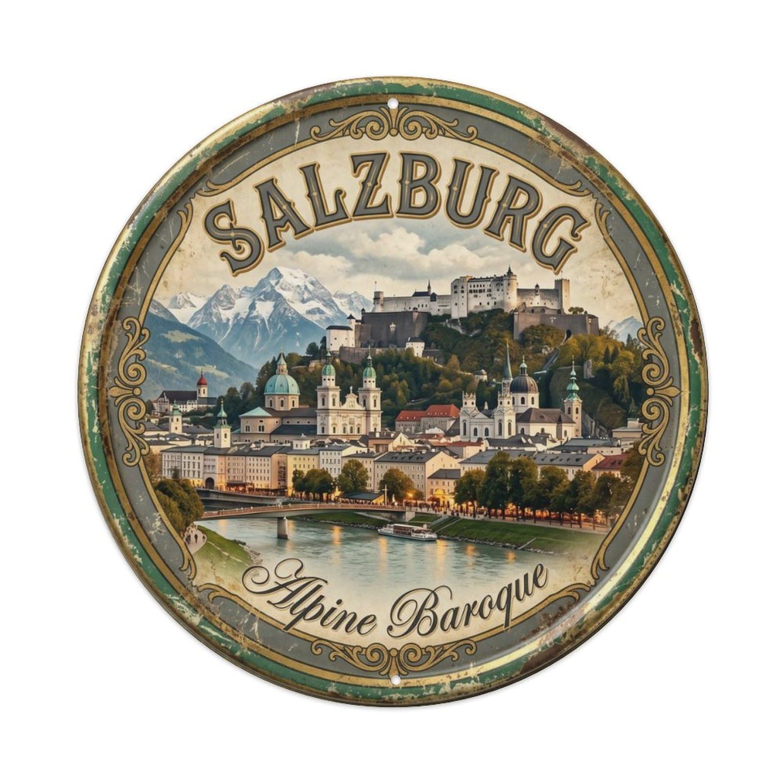 Vintage Travel Salzburg Fortress Mozart Metal Tin Sign Plaque Wall Decor for Cafe, Club, Garden Round Metal Poster 8x8Inch